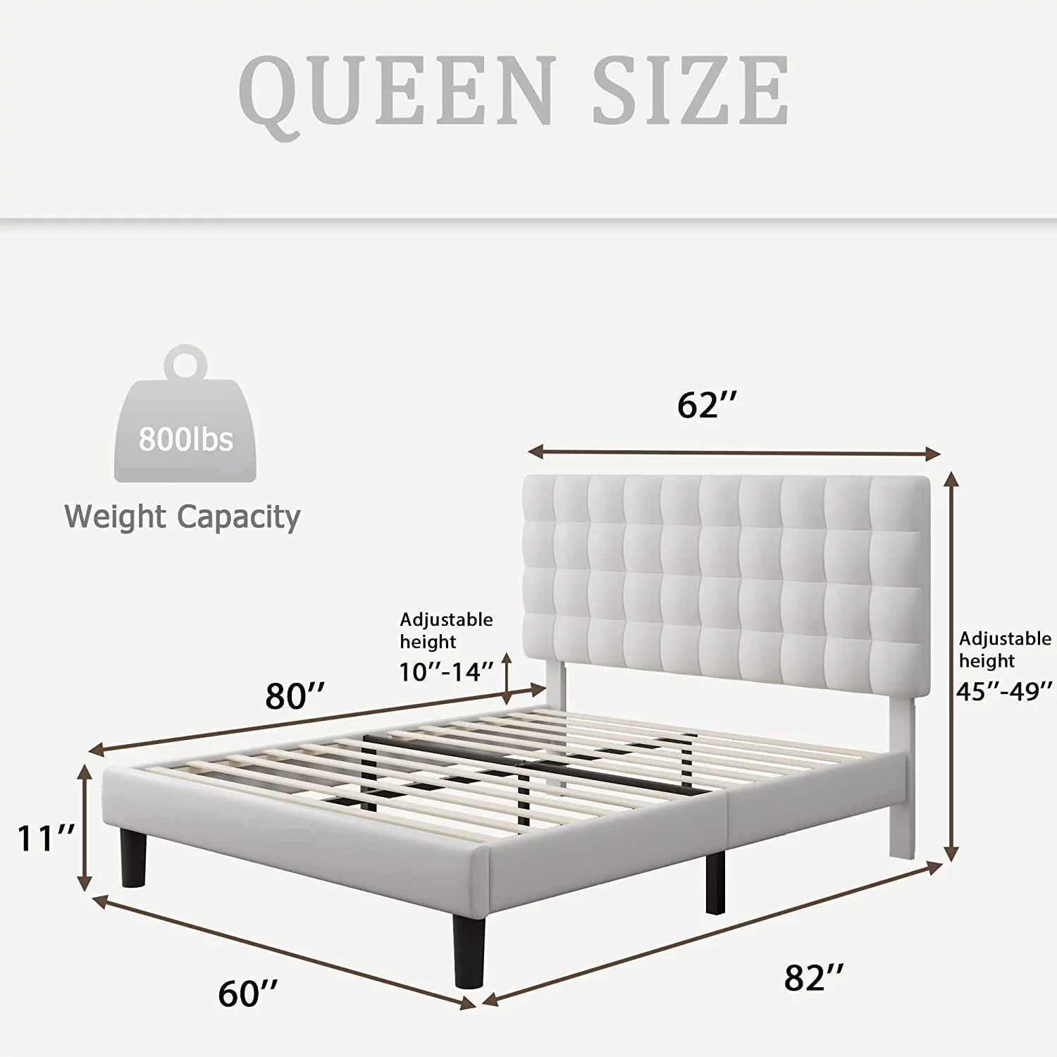 Queen Platform Bed Frame  Faux Leather Upholstered Bed Frame with Square Tufted Headboard  Wood Slats Support  No Box Spring Needed  Easy Assembly  White