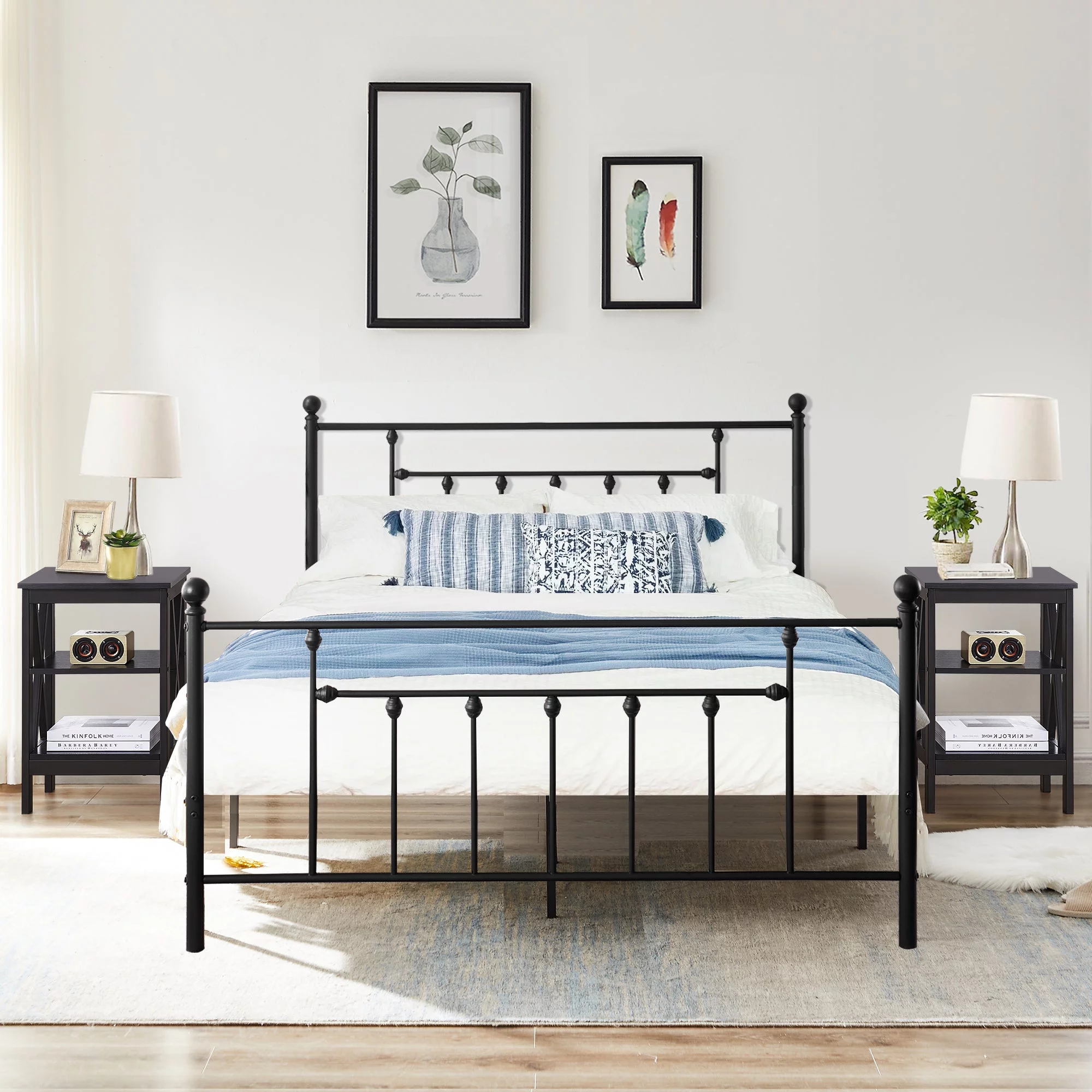 3 Piece Full Size Bedroom Sets Black Metal Bed Frame and 2 Black Nightstands