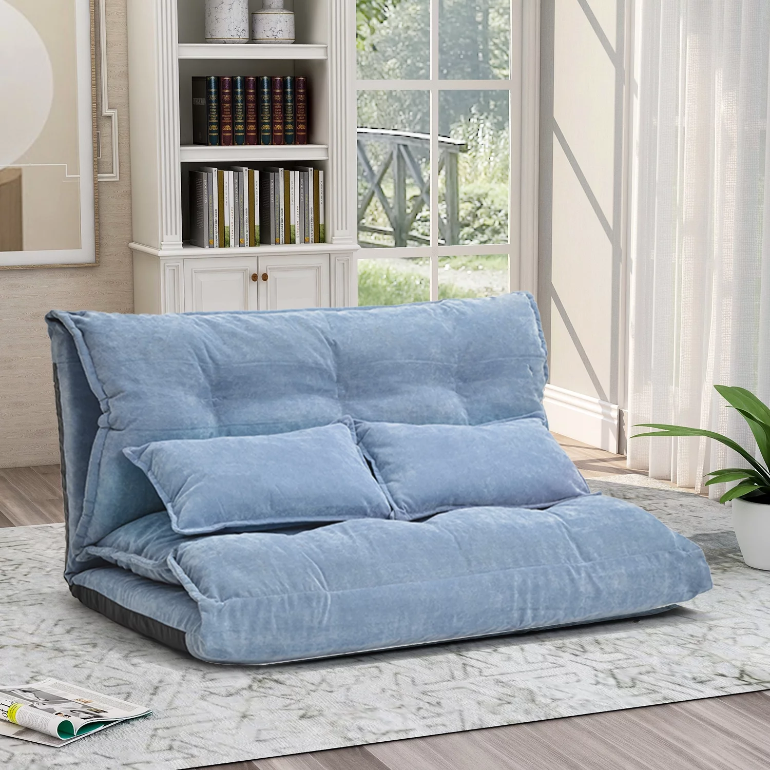 Euroco Lazy Sofa Adjustable Folding Futon Sofa with Two Pillows Video Gaming Sofa for Living Room, Blue
