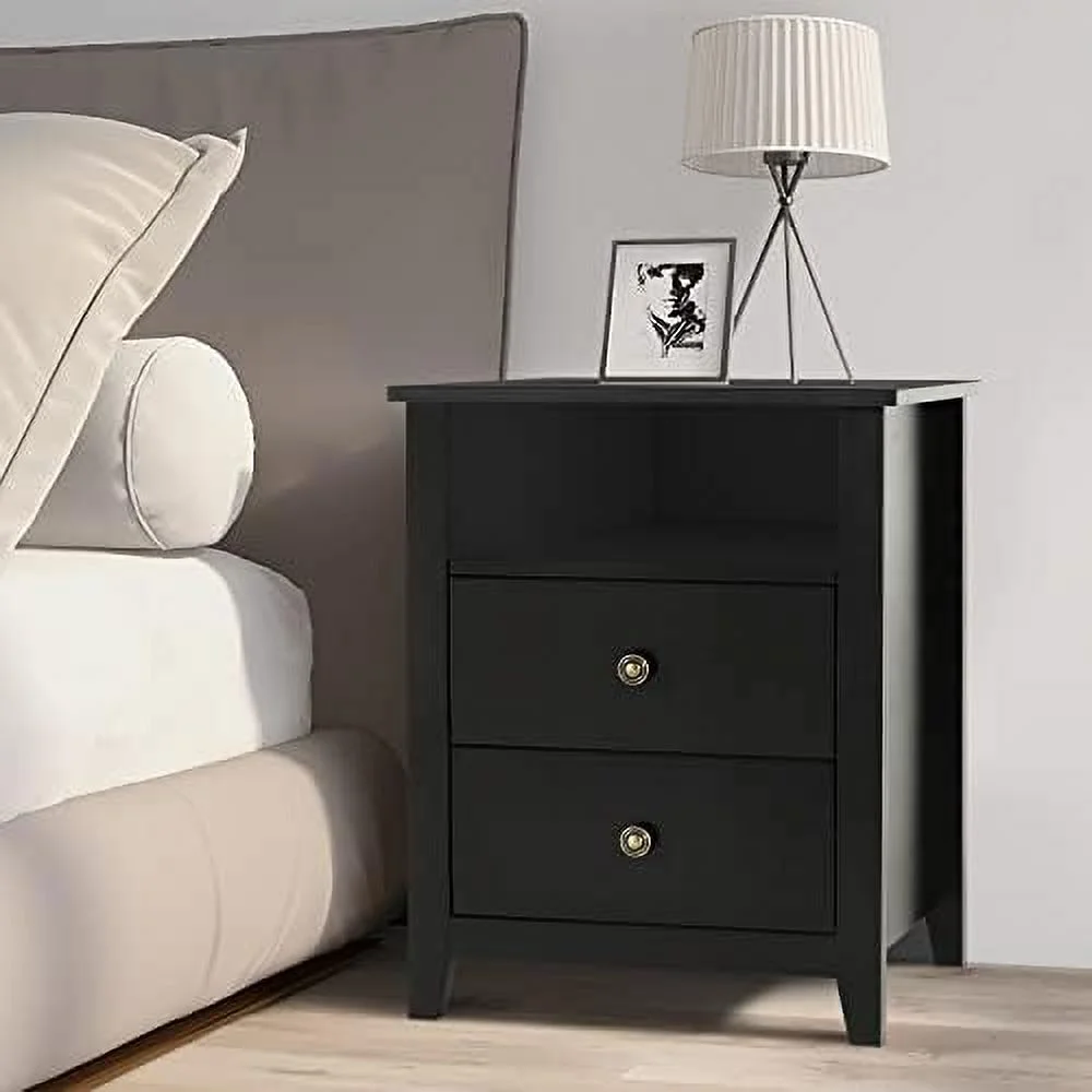 GEROBOOM Modern Nightstands - Black Night Stand for Bedroom Bedside Table with 3 Drawers Wooden Nightstand Dresser Drawer