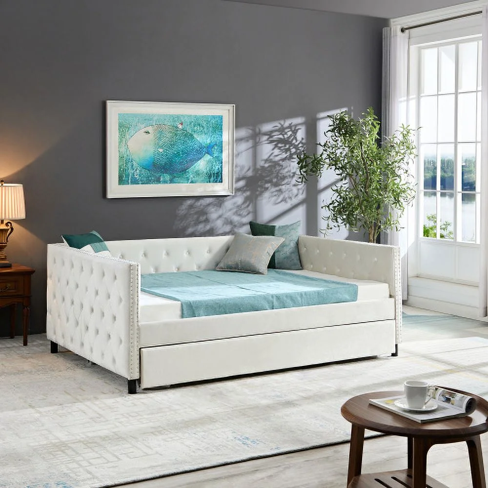 Sofa Bed With Wheels, Upgraded Velvet Upholstered Sofa Bed, With Button And Copper Nail On Square Arms,Bedroom Living Room Furniture (Beige,Full,82.75