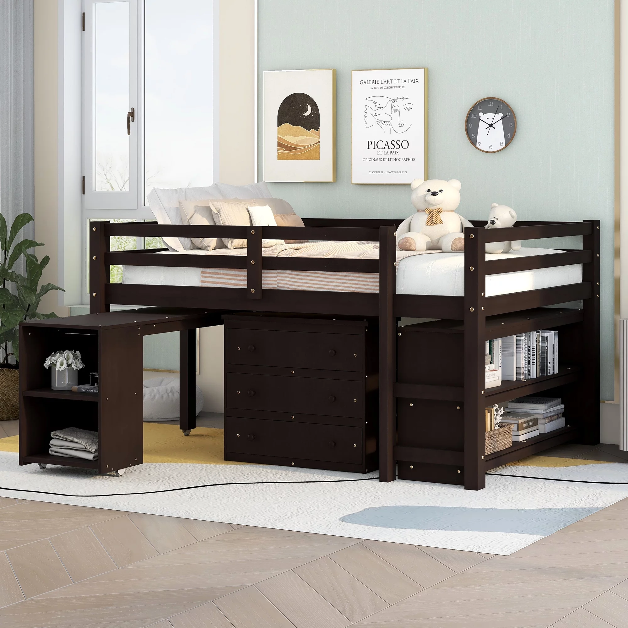 Artlia Low Study Full Loft Bed with Cabinet ,Shelves and Rolling Portable Desk ,Multiple Functions Bed- Espresso