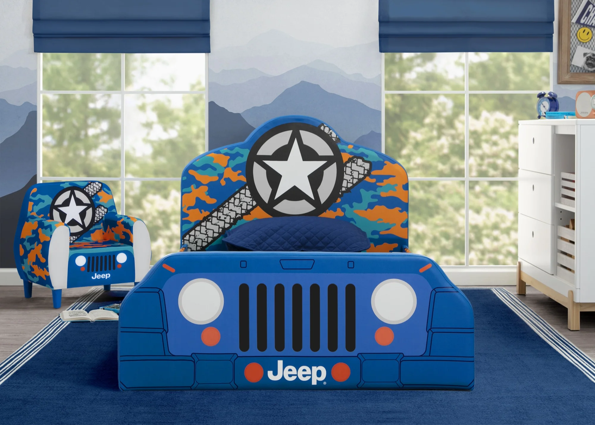 Jeep Upholstered Twin Bed by Delta Children, Blue