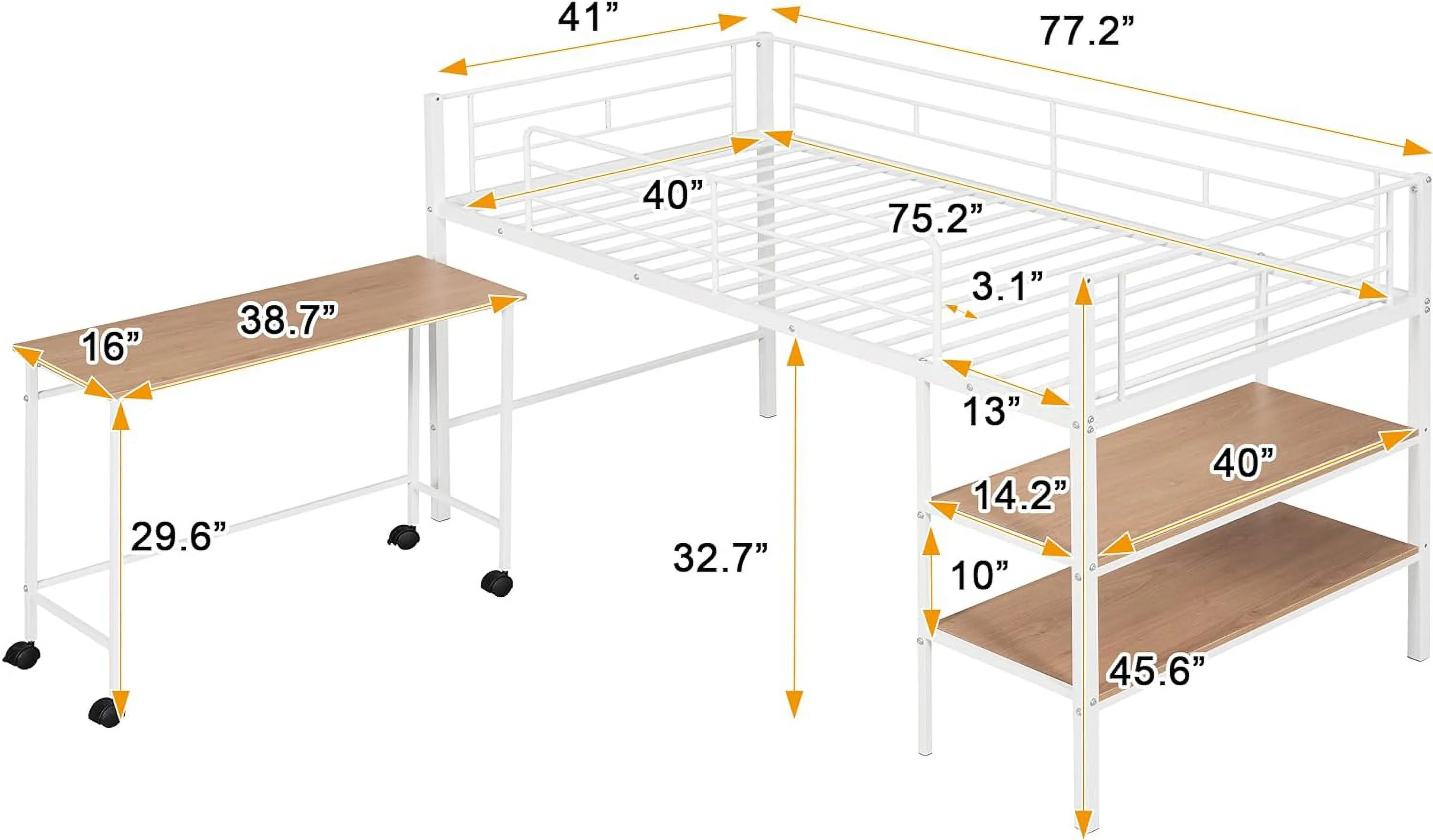 Metal Buk Bed With Rollig Desk, Ladder, Ad 2 Shelves, Size Buk Bed Space-Savig Loft Bed For Boys & Girls Tees, o Box Sprig eeded