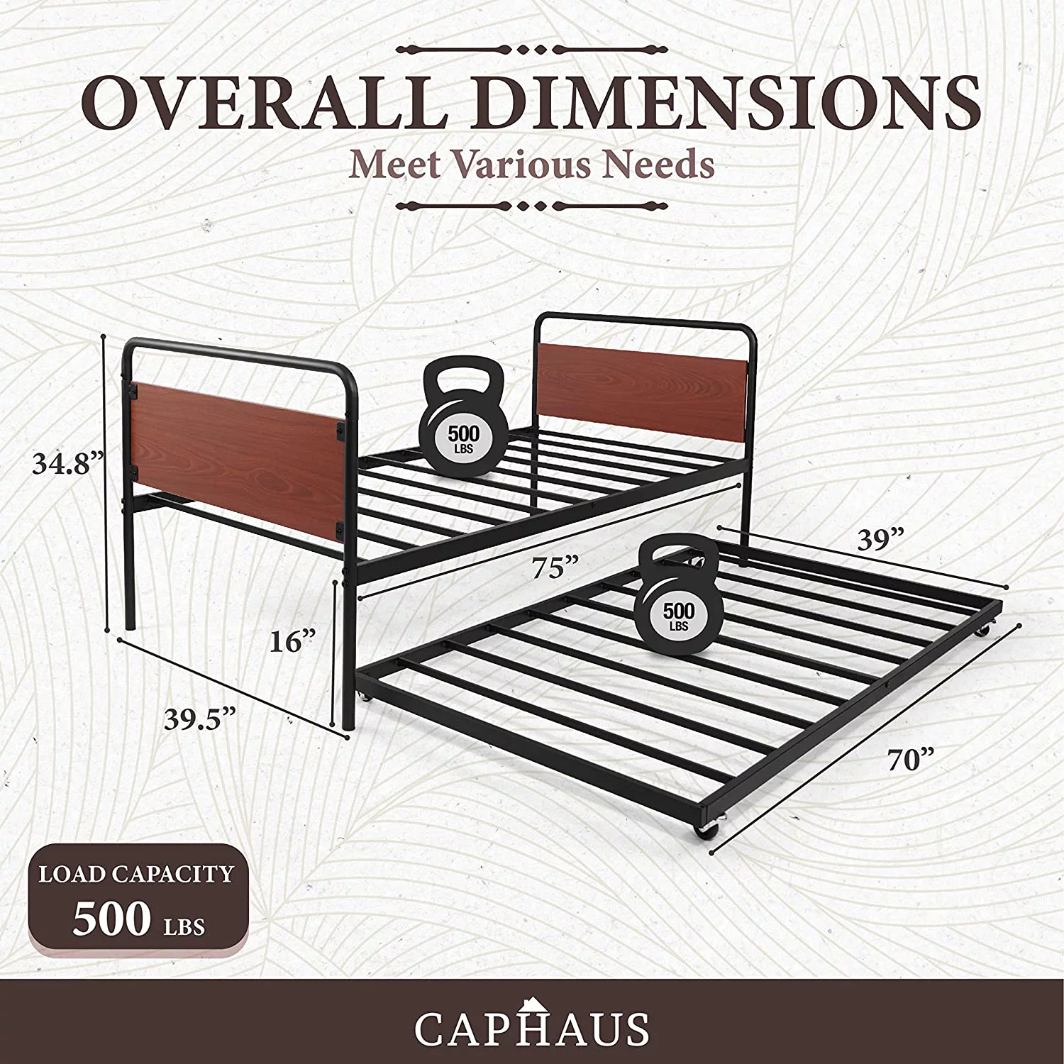 Round Corner Metal Daybed Frame with Trundle, Twin Bed and Trundle Set, Mattress Foundation with Steel Slat Support Roll Out Trundle Accommodate, Premium Steel, P2 Grade Walnut Wood Board