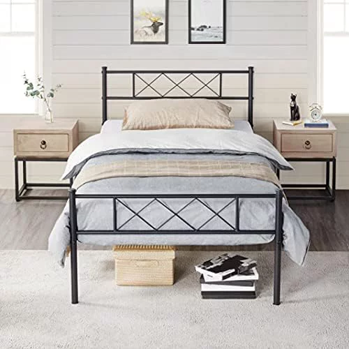 HBBOOMLIFE Antique Gold Twin Metal Platform Bed Frame Mattress Foundation with Headboard and Footboard Under Bed  Steel Slats No Box Spring Needed 2Pcs