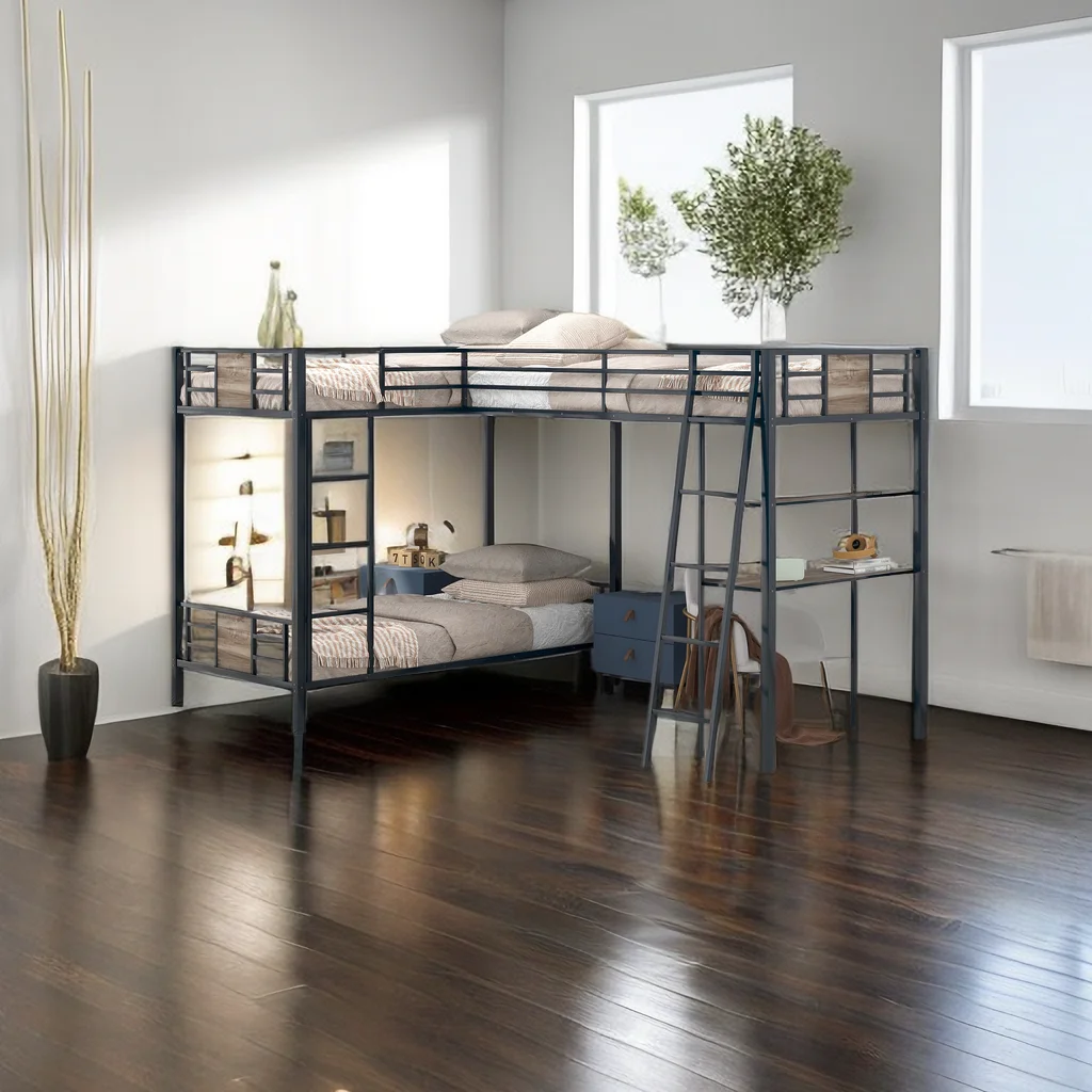 Metal L-Shaped Triple Bunk Bed with Twin Over Twin and Twin Size Loft Bed - Desk and Shelf Included - 3 Bunk Beds for Kids Teens Adults