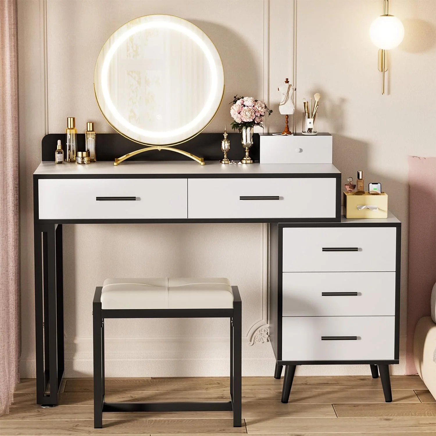 Vanity Makeup Mirror Desk with Lights, Small Vanity Desk with Drawers Dressing Table Set with Stool for Bedroom, 3 Color Lighting Modes, Brightness Adjustable