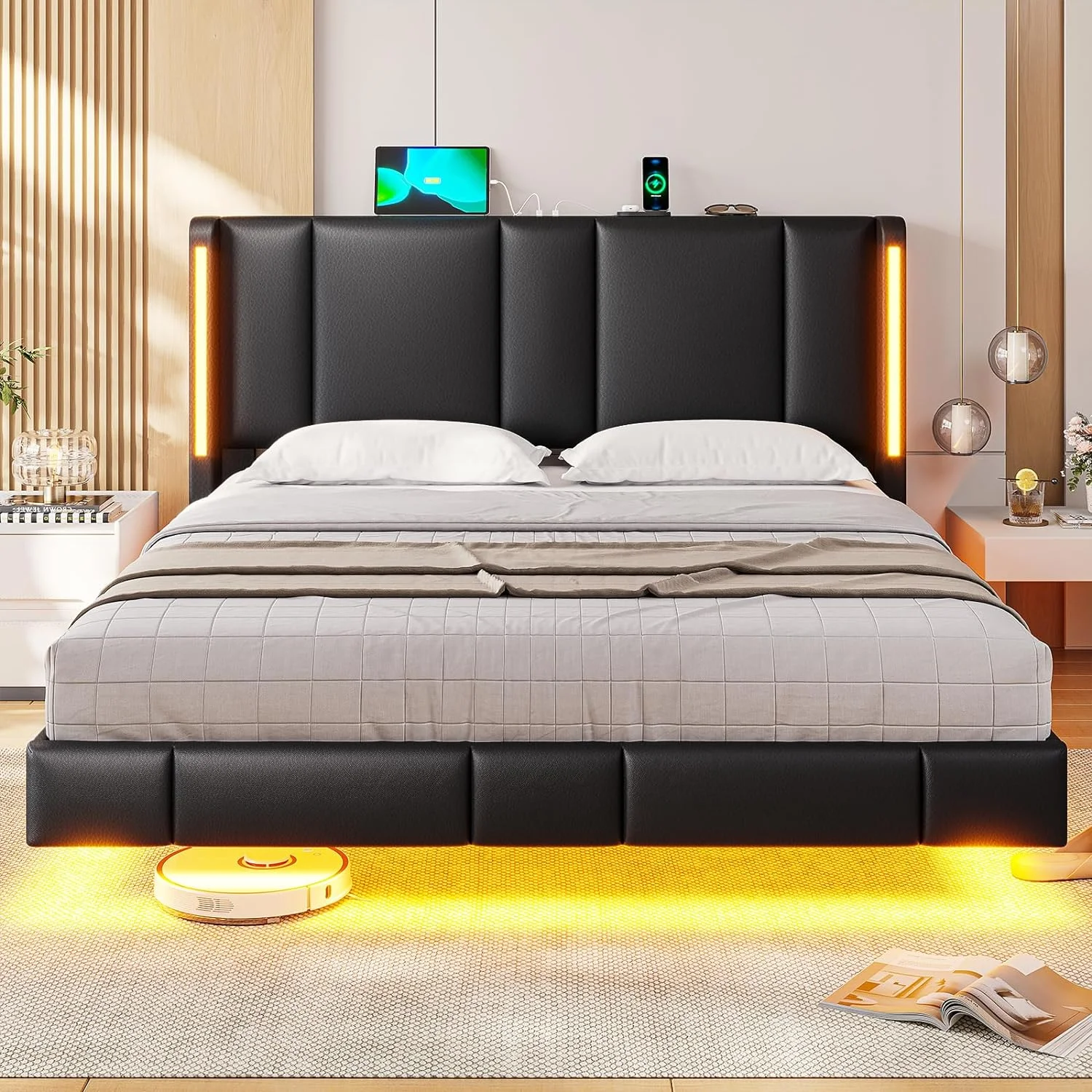 Afuhokles Floating Bed Frame Queen Size with LED Lights, Upholstered Platform Bed Frame with Headboard, 2 USB Ports, Visual Floating, Black