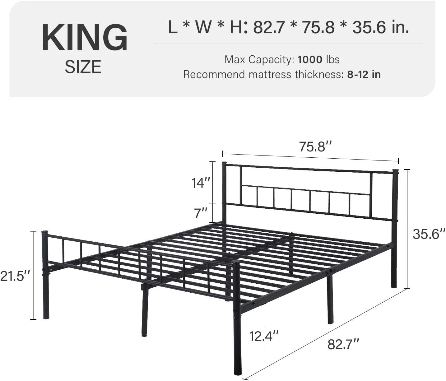 King Metal Platform Bed Frame with Headboard & Foot board Mattress Foundation Heavy-Duty Steel Slat Noise-Free Support Metal Base for Bed NO Boxing Spring Needed Easy Assembly Under-Bed Storage