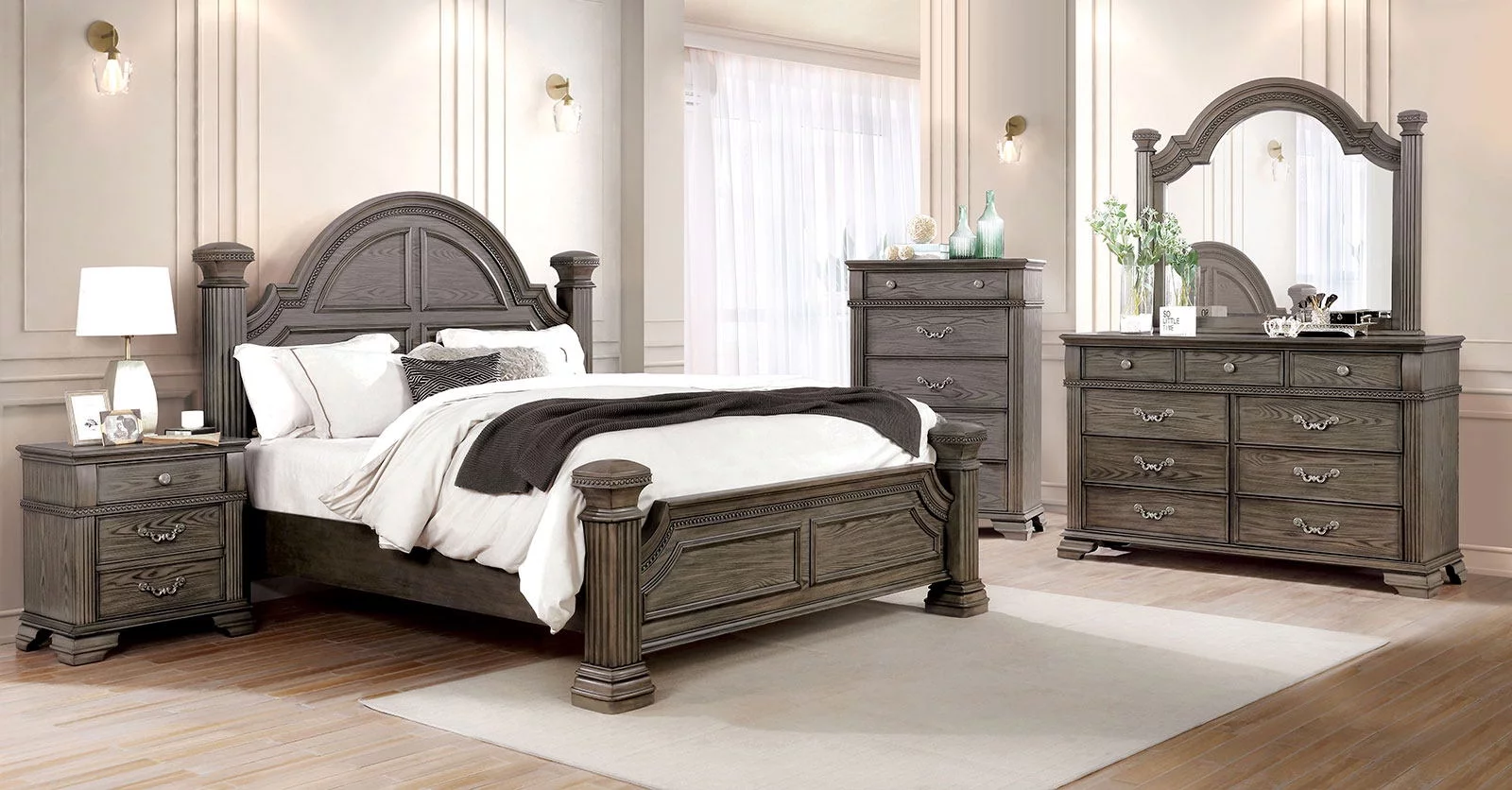 Traditional Antique Gray Solid wood 4pc Bedroom Set Queen Size Bed Dresser Mirror Nightstand Reeded Posts Unique Design