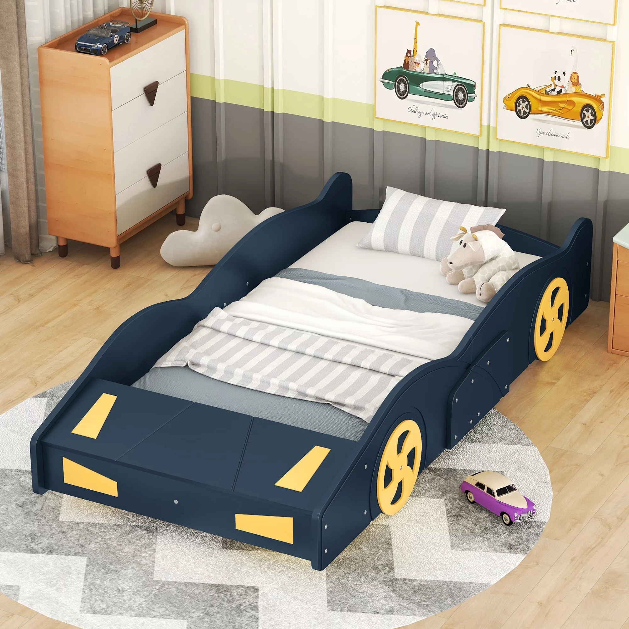 CoSoTower Twin Size Race Car-Shaped Platform Bed with Wheels and Storage, Dark Blue+Yellow