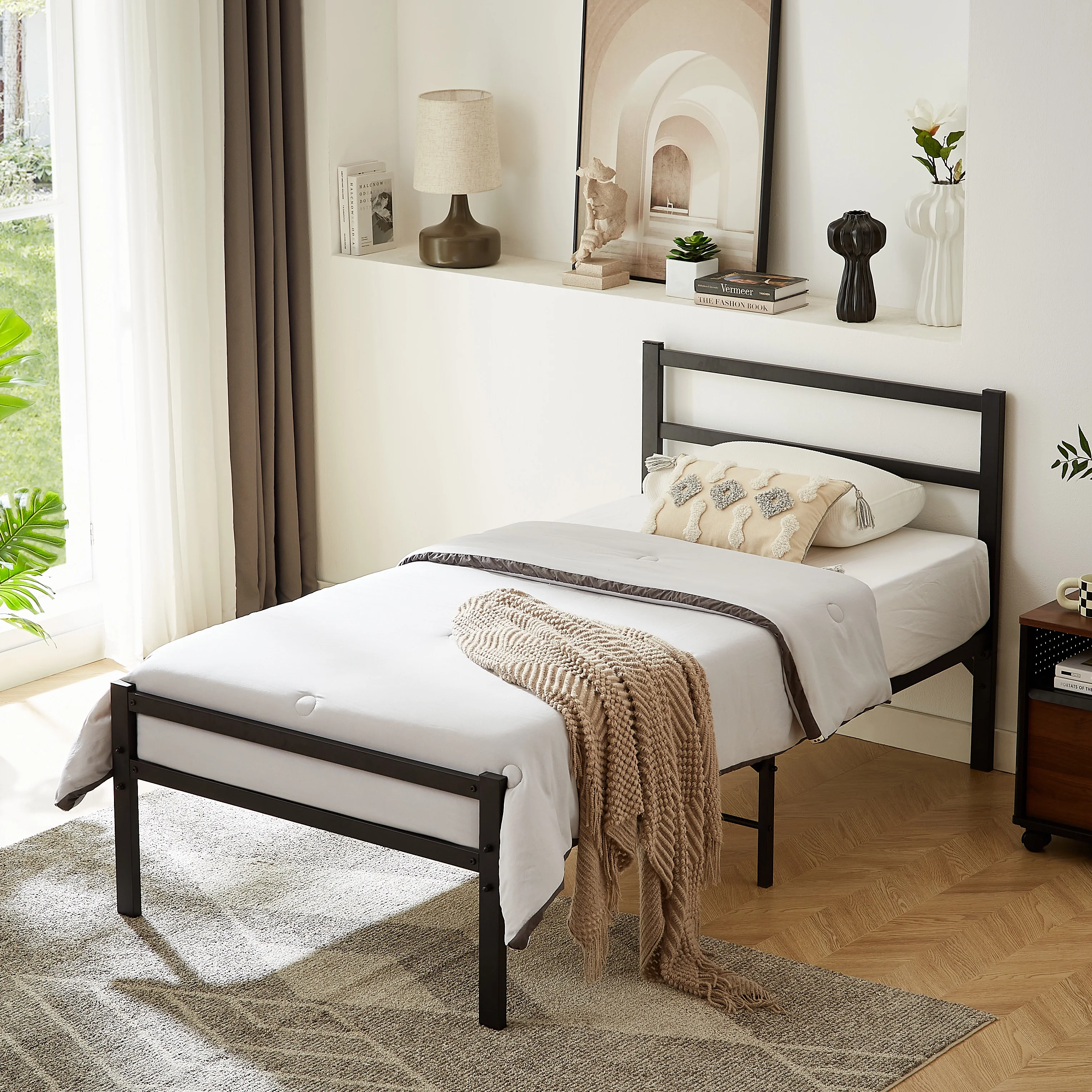 UHOMEPRO Metal Twin Bed Frames, Queen Bed Frame with Headboard and Footboard No Box Spring Required, Platform Bed Frame, Bedroom Furniture, Black