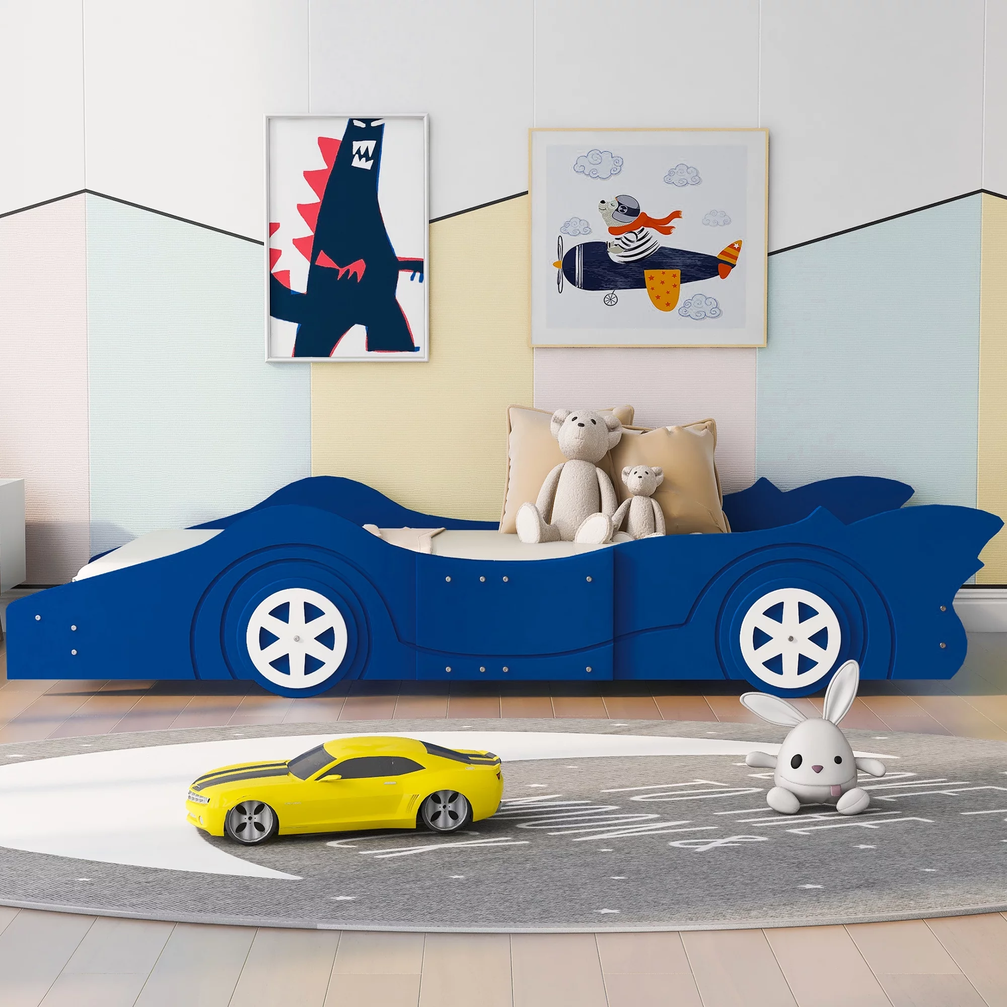 HSUNNS Twin Size Kids Race Car-Shaped Platform Bed with Wheels, Wooden Funny Twin Kids Bed Frame with 2 Sides Safety Rails for Boys Girls Toddlers Kids’ Bedroom, No Box Spring Needed, Blue
