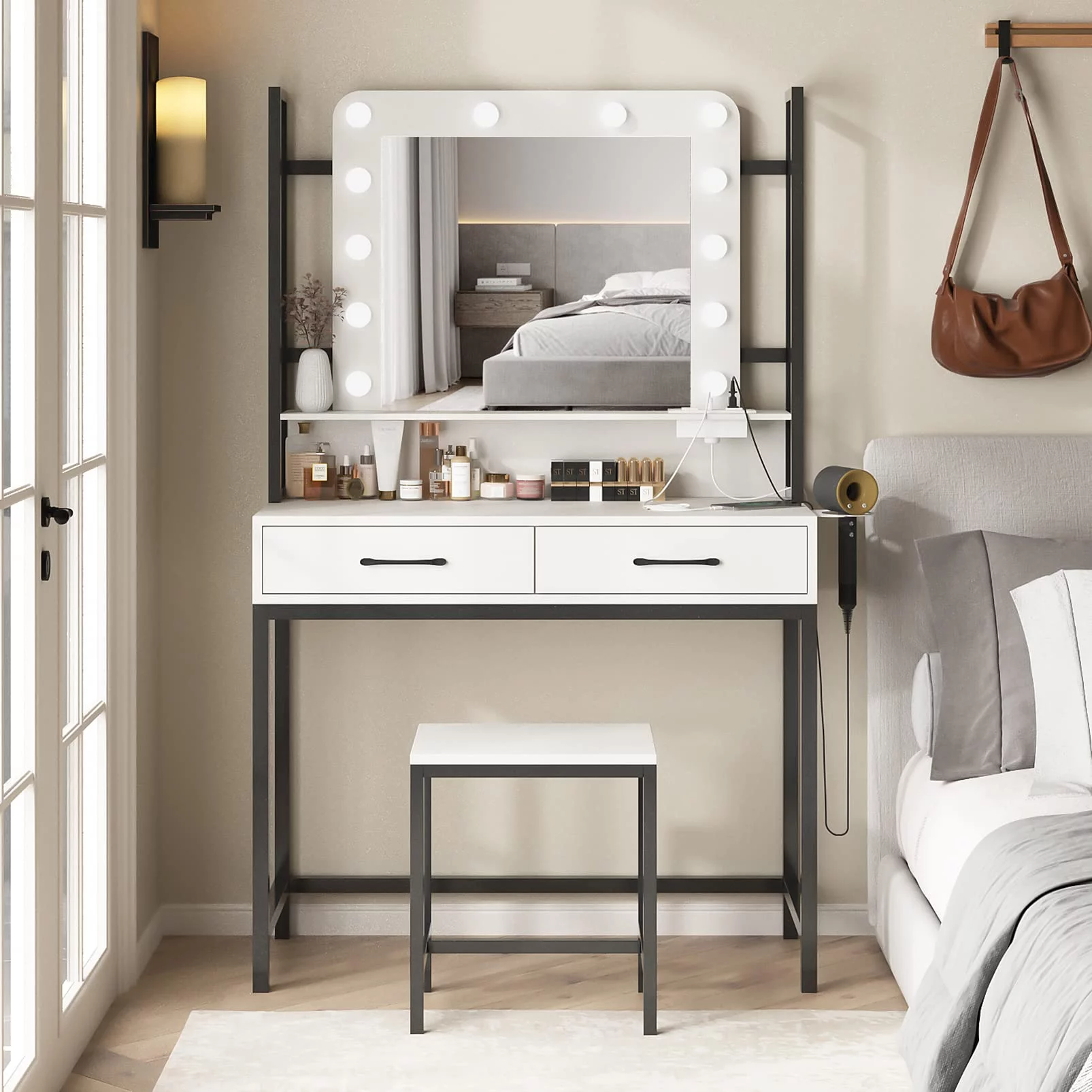 Veanerwood Vanity Set with 3 Colors Lighted Mirror, Makeup Table with Power Strip and Drawer, Dressing Table Makeup Desk with Stool, Modern, White