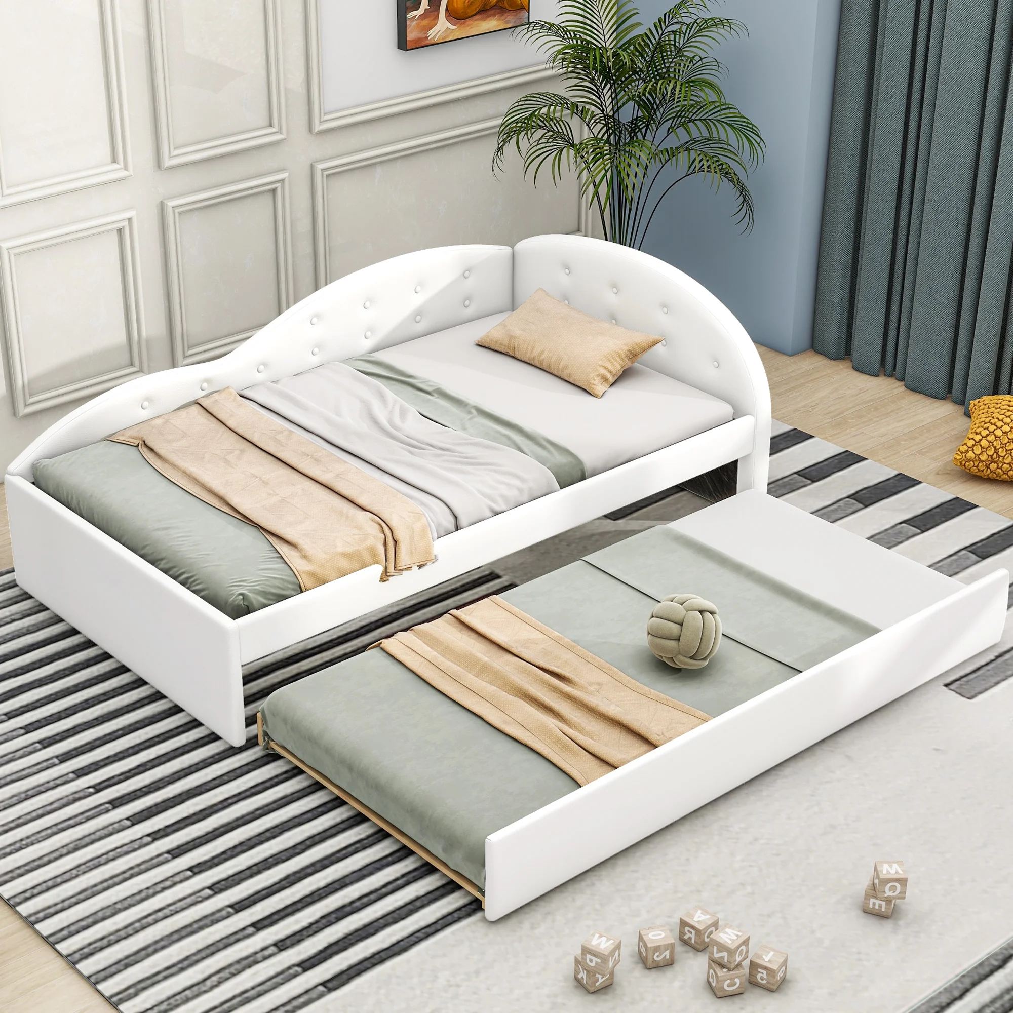 CoSoTower Twin Size PU Upholstered Tufted Daybed with Trundle and Cloud Shaped Guardrail, White