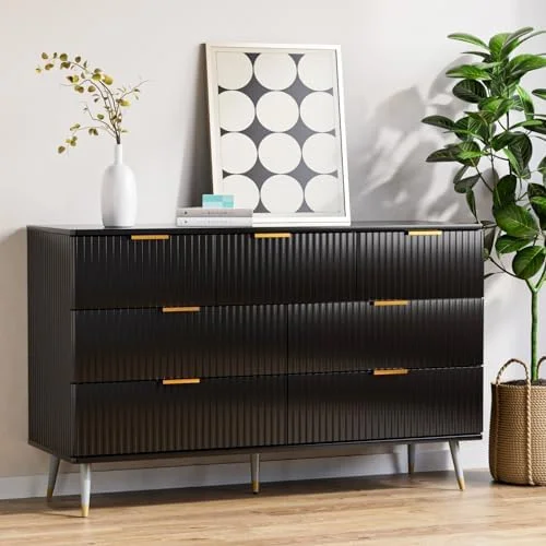 NLIBOOMLife Black Dresser 7 Drawer Dresser with Gold Handles Wood Modern Dresser for Bedroom