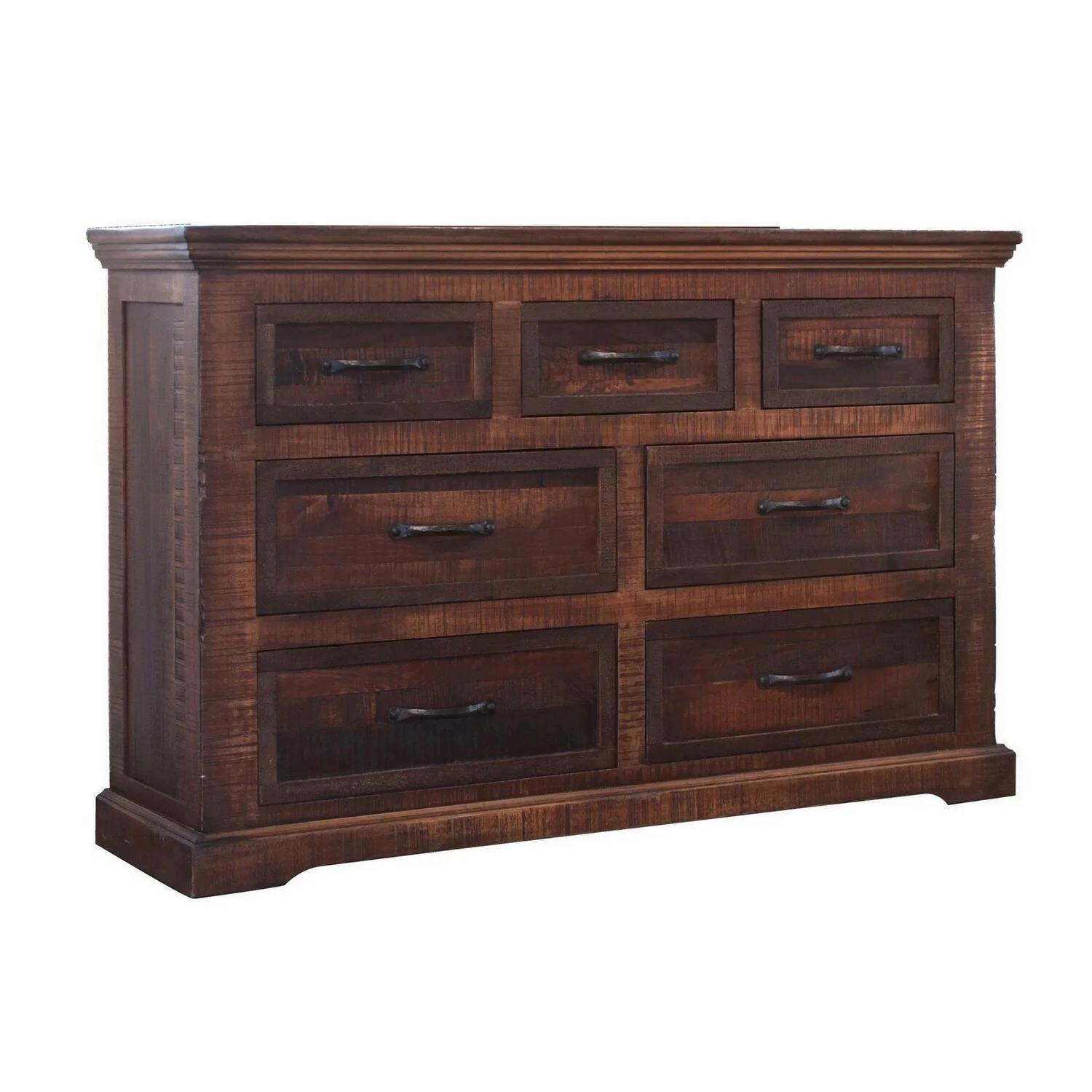 BenJara Bry 39 Inch 7 Drawer Dresser, Solid Parota, Mango and Pine Wood, Dark Brown