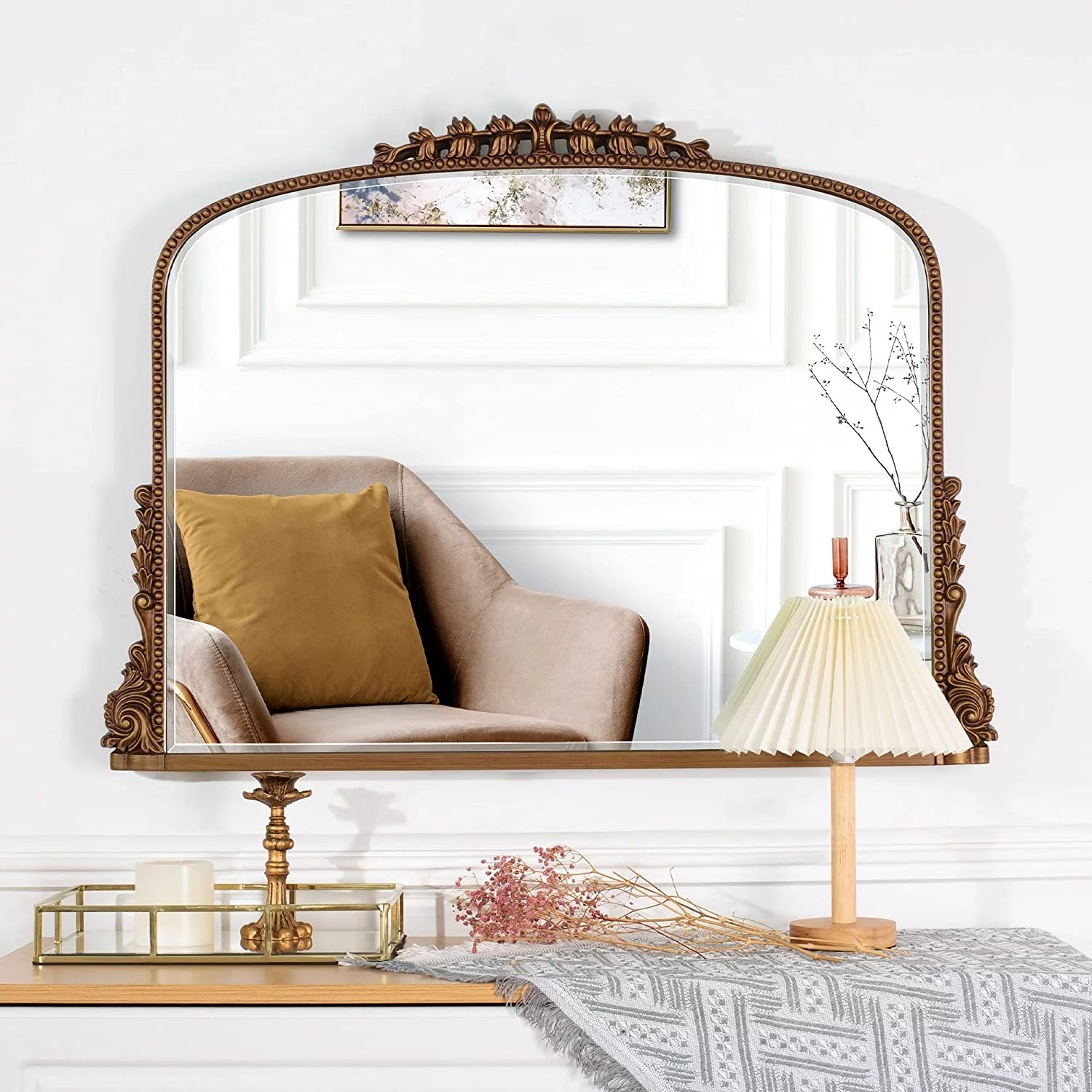 Shyfoy Large Arch Wall Mirror Ornate Mirror for Living Room Decor Anqitue Gold Decorative Mirrors for Wall 36