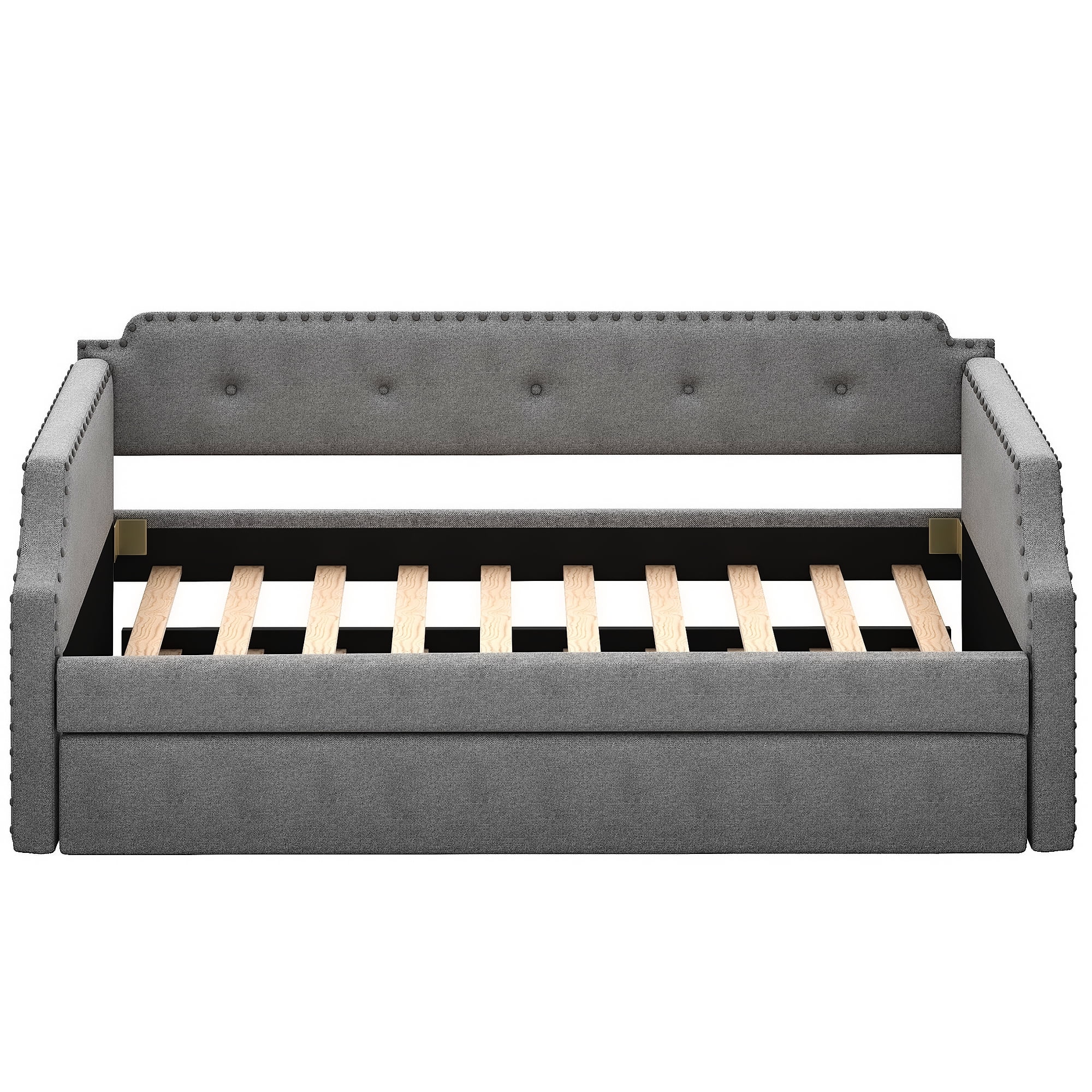 Twin Daybed with A Trundle, Twin Size Upholstered Daybed with Upholstered Frame, Upholstered Sofa Bed Wood Slat Support Bed Frame for Living Room
