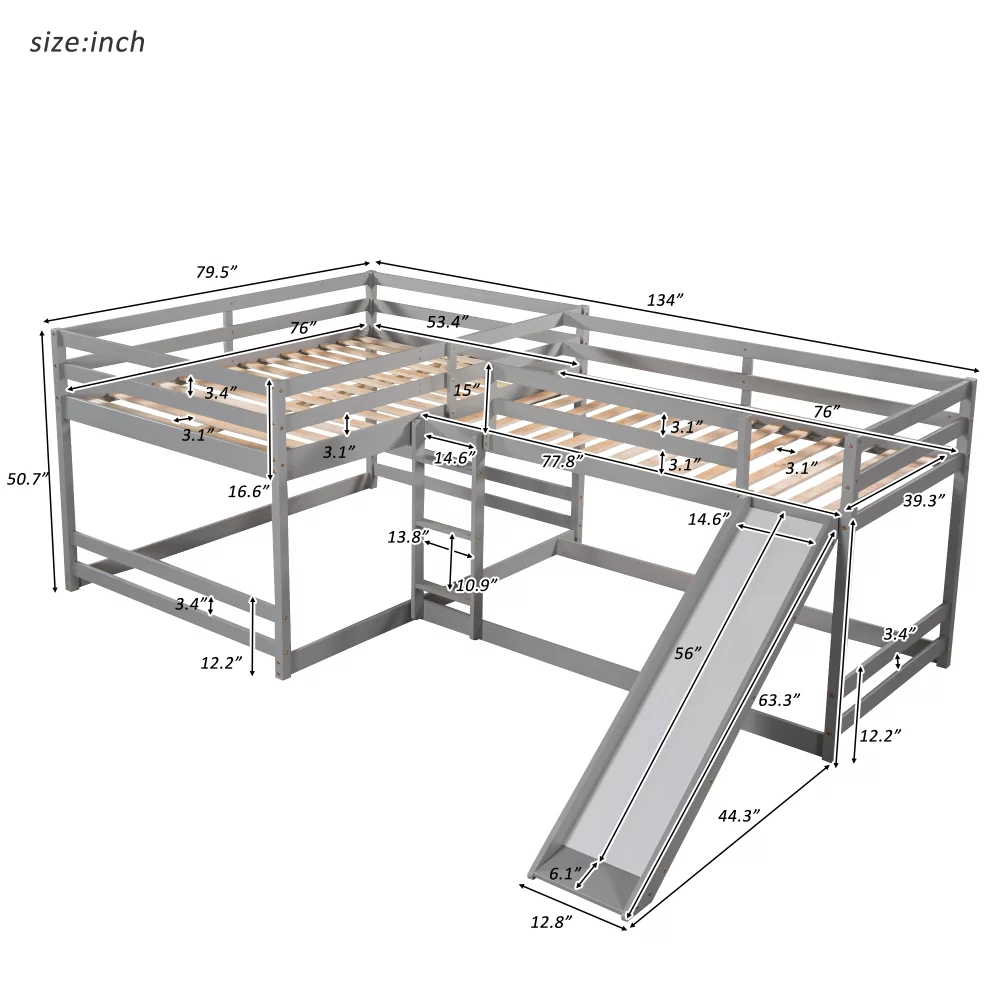 Churanty L Shaped Bunk Bed for 4, Quad Bunk Bed with Slide Full Over Full Wood Bunk Frame for Kids Girls Boys,Gray