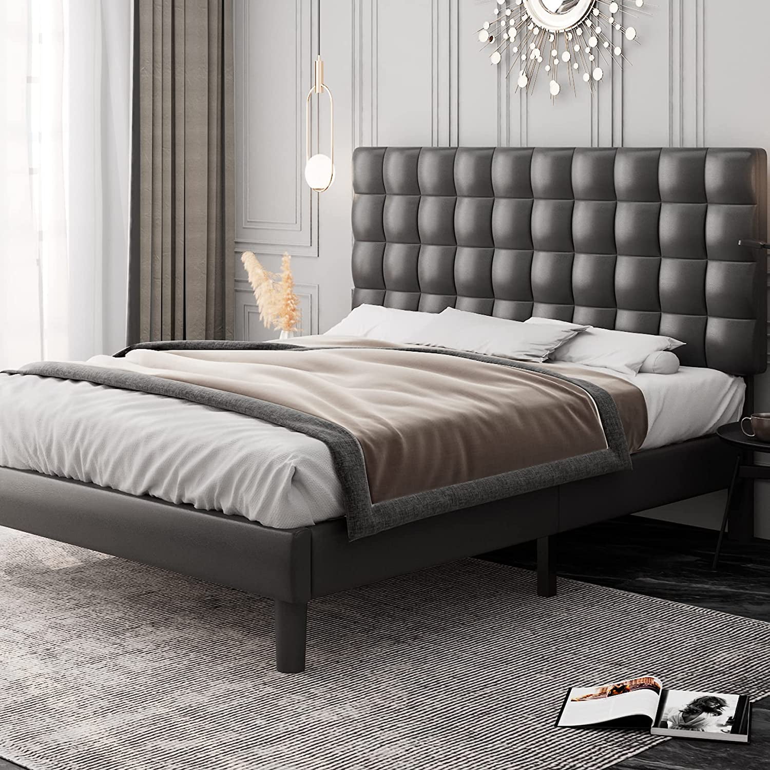 Bed Frame with Square Stitched Headboard, Faux Leather, High-Density Sponge Filled, Solid Wood Slats, No Box Spring Needed, Noise-Free