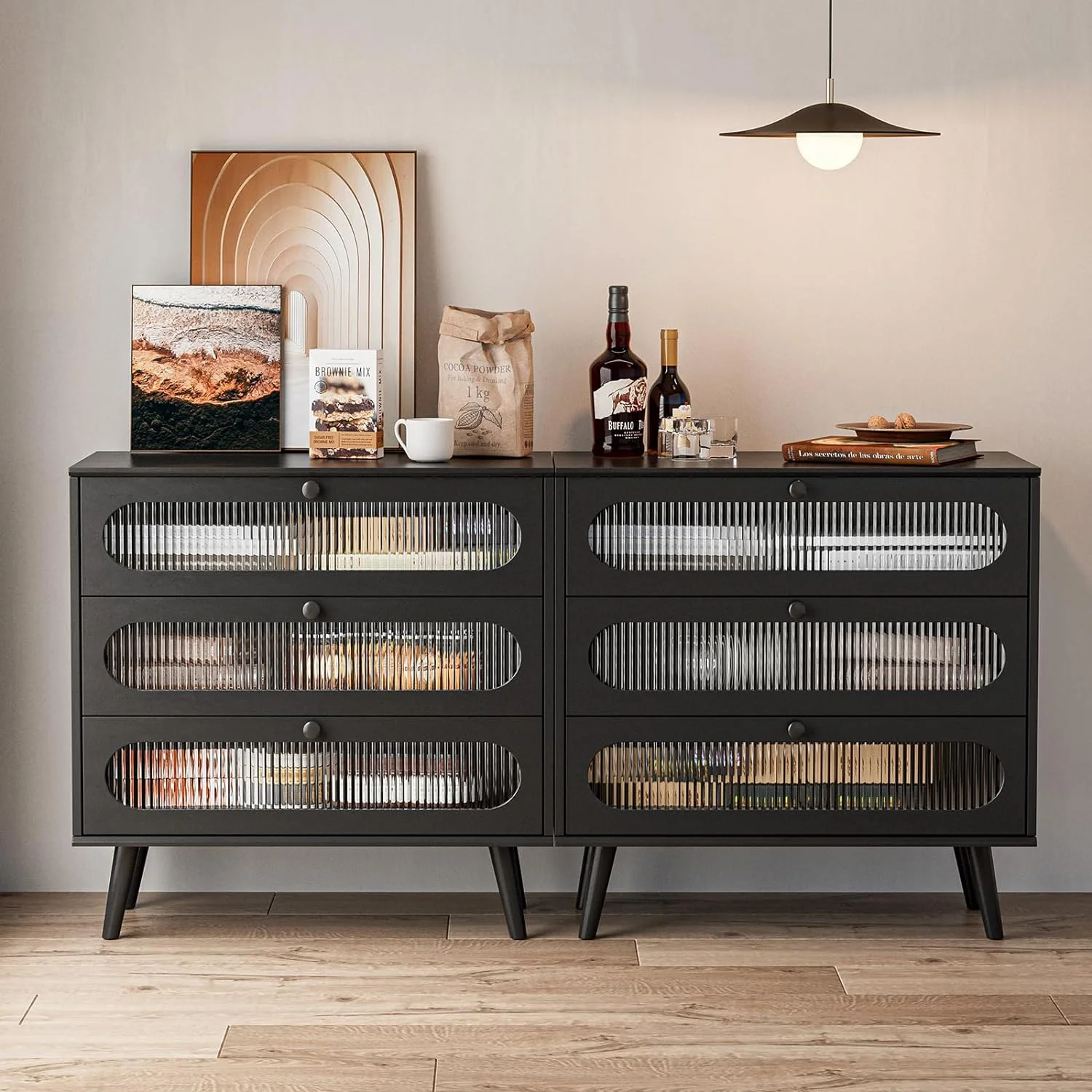 IKIFLY Glass 3 Drawers Dresser Set of 2, Modern Closet Dressers Chest of Drawers, Storage Cabinet Dresser for Bedroom Living Room Hallway-Black