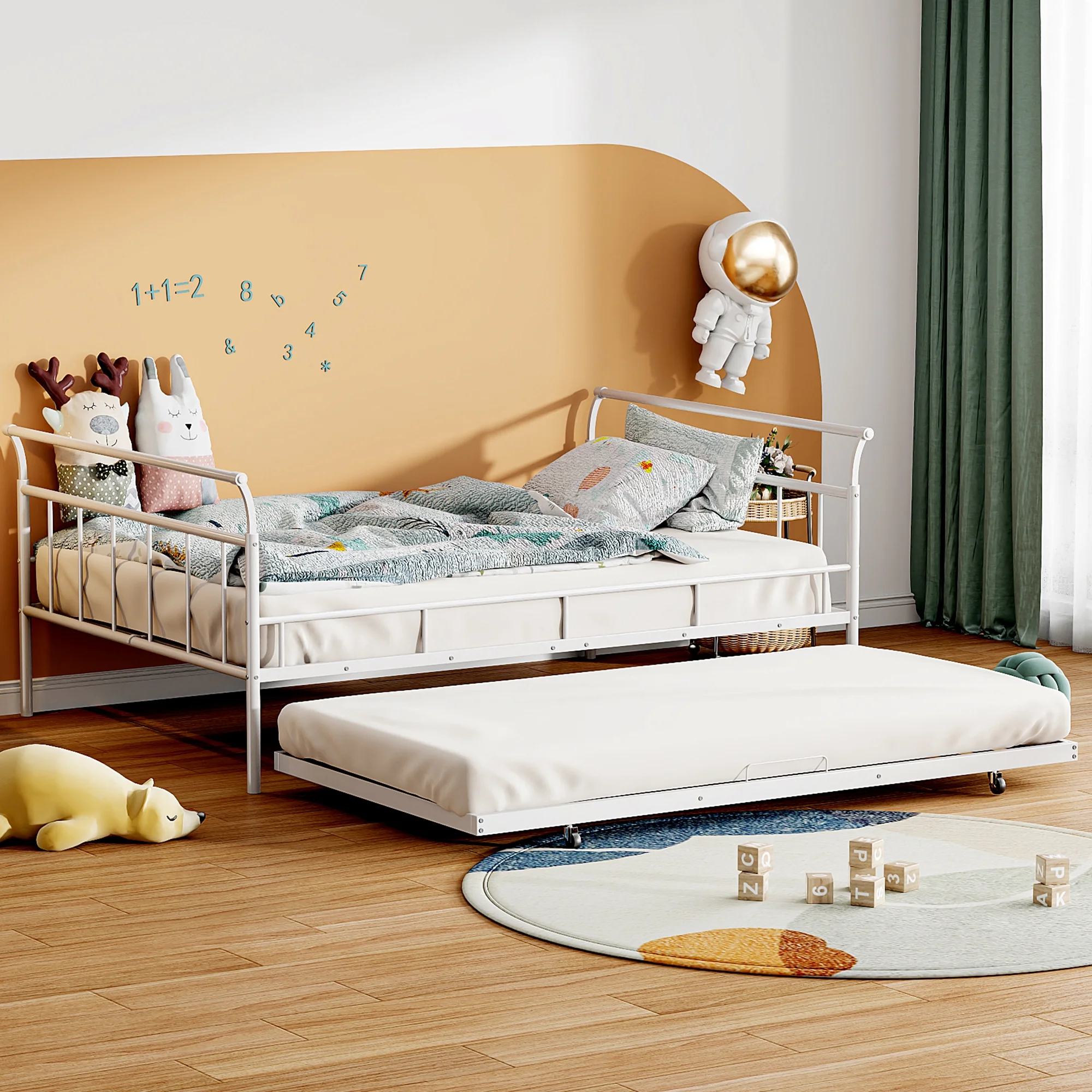 Full Size Metal Daybed with Curved Handle Design and Twin Size Trundle, White - Stylish and Functional Bed for Your Bedroom