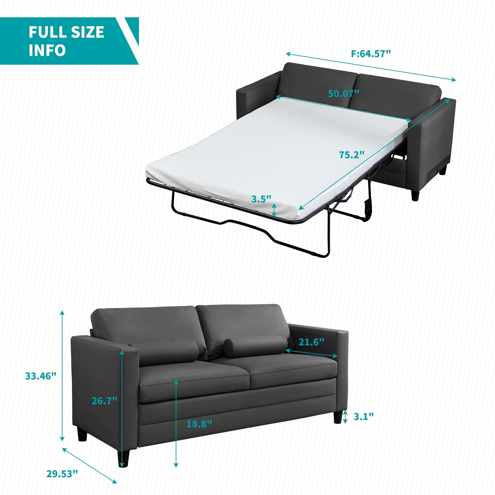 MUZZ Full Size Pull Out Sofa Bed, Convertible 2-in-1 Sleeper Sofa Couch with Foldable Mattress,Leather Loveseat Sleeper Sofa for Living Room/Apartment(Dark Grey)