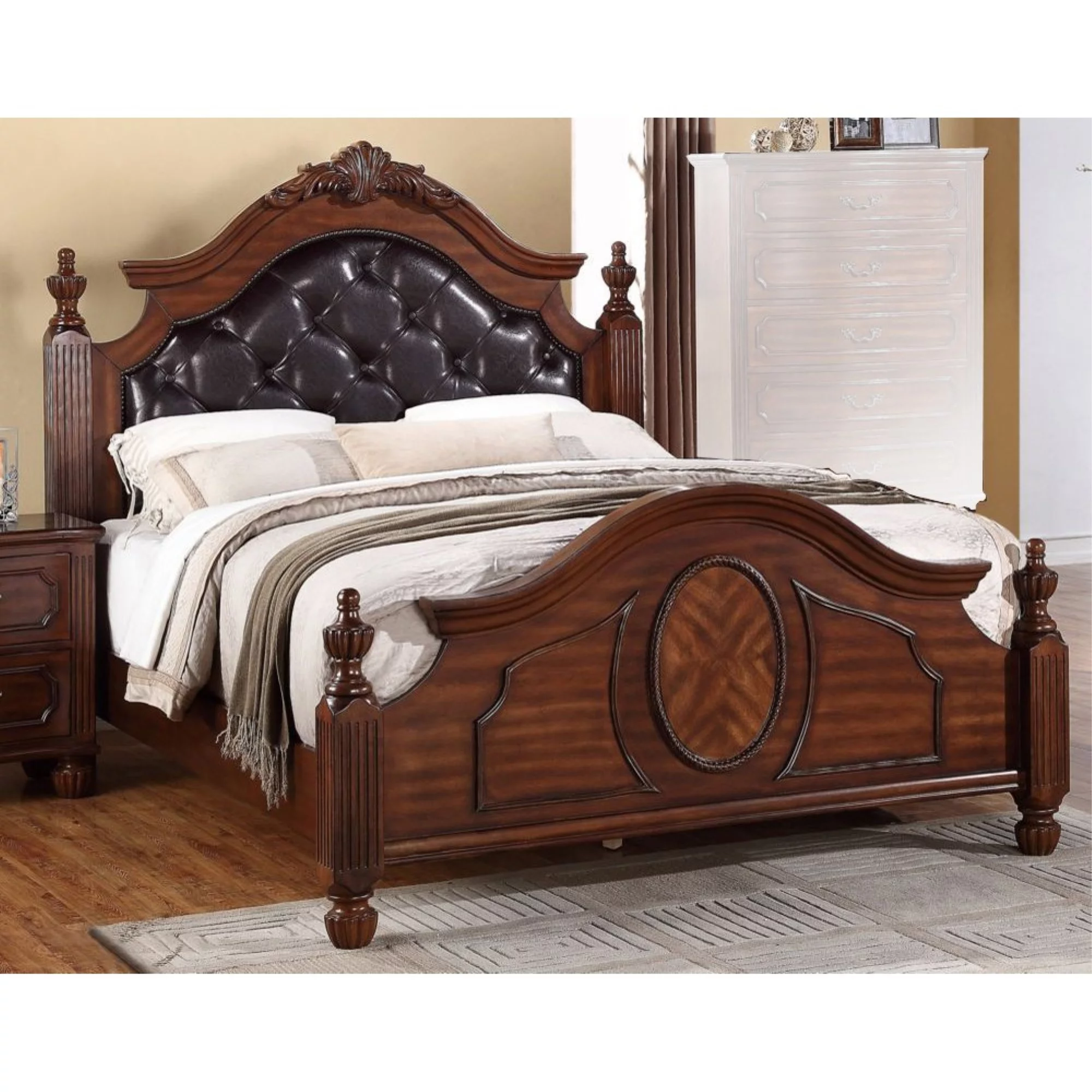 Transitional Wooden E.King Bed With PU HB & Circular Floral Design, Cherry Finish