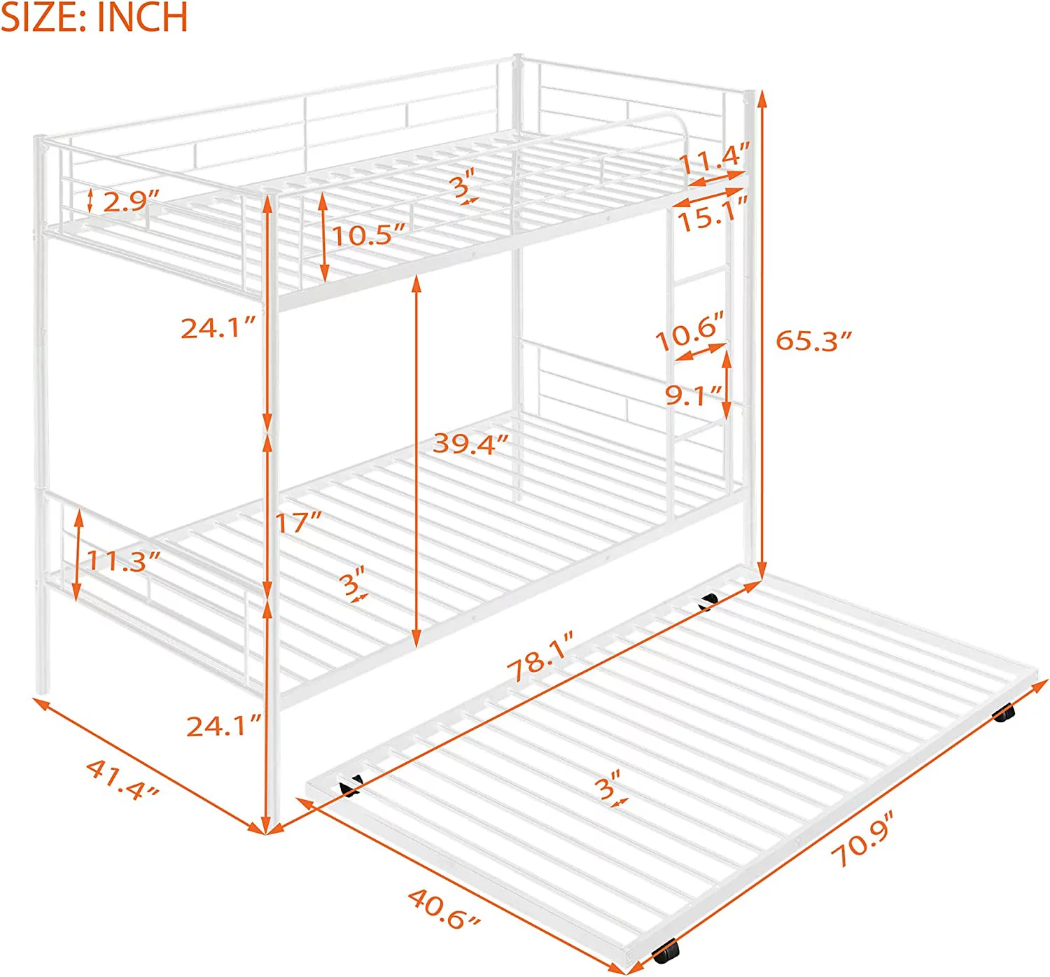 YOJFOTOOU. Twin Over Twin Metal Bunk Bed with Trundle, Made of Heavy Duty Steel, for Kids Teens Adults (White)