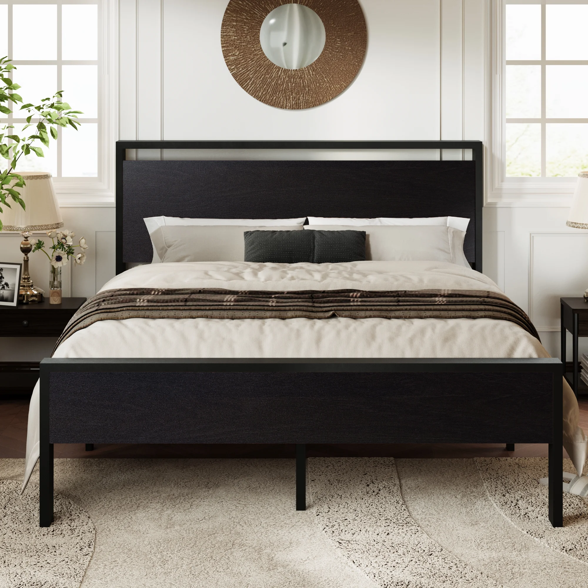 Allewie Black Oak Queen Size Metal Platform Bed Frame with Wood Headboard and Footboard & Metal Slat