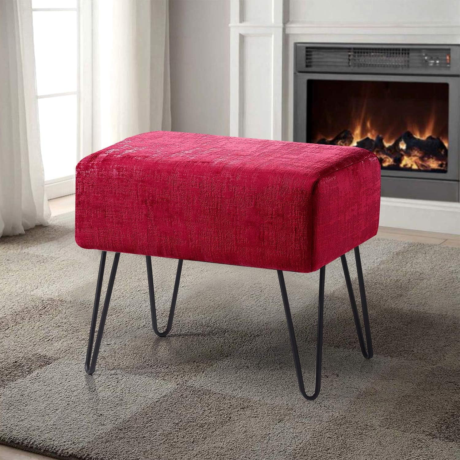 Textured Velvet Ottoman, Tango Red, 19'' X 13'' X 17'' H, Fuzzy Entry Way Ottoman Bench For Living Room Bedroom End Of Bed Decorative Makeup Stool Foot Rest Chair Home Decor