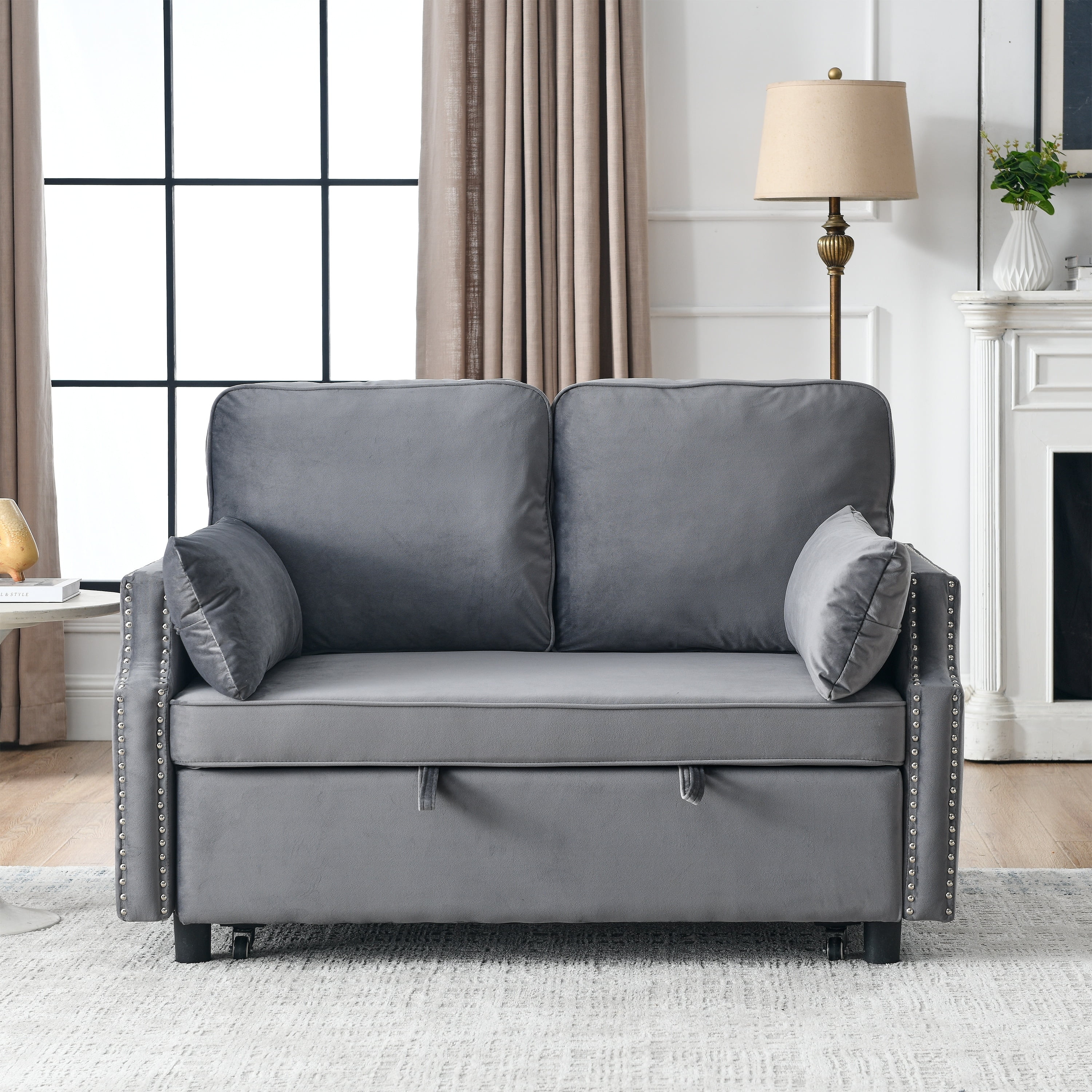 Grey Velvet Upholstered Recliner Bed with Pull-out Sleeper Sofa, Folding Loveseat Sofa Bed with Side Pockets for Living Room