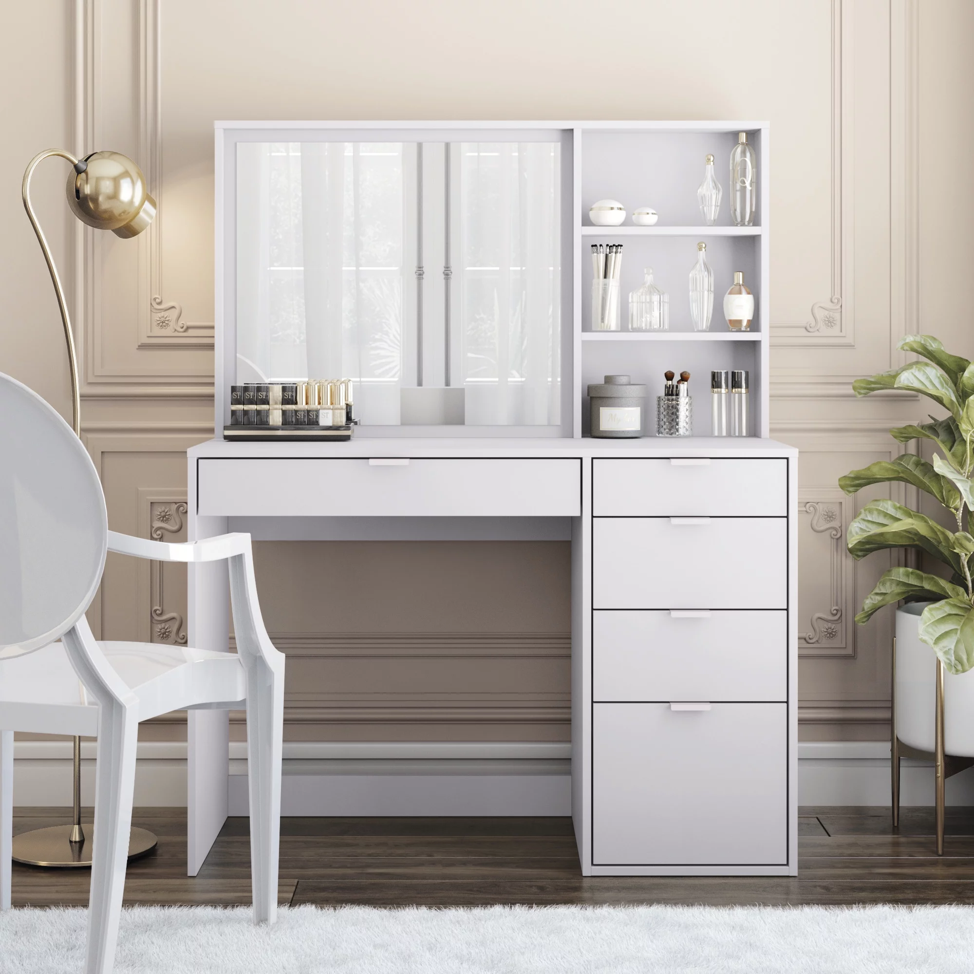 Topaz Vanity table with 5 Drawers & Shelves in White Finish, for Bedroom