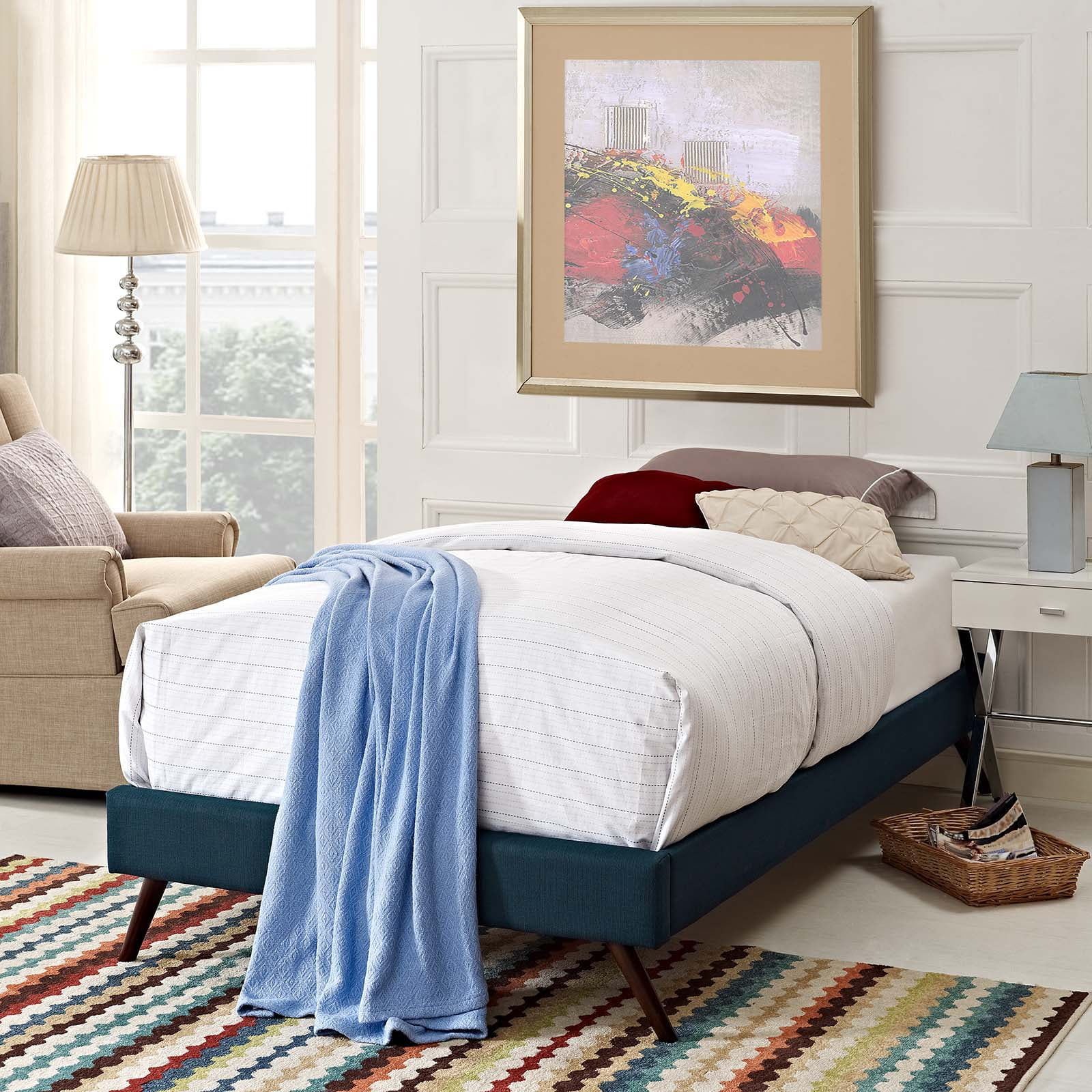 Modway Loryn Twin Fabric Bed Frame with Round Splayed Legs in Azure