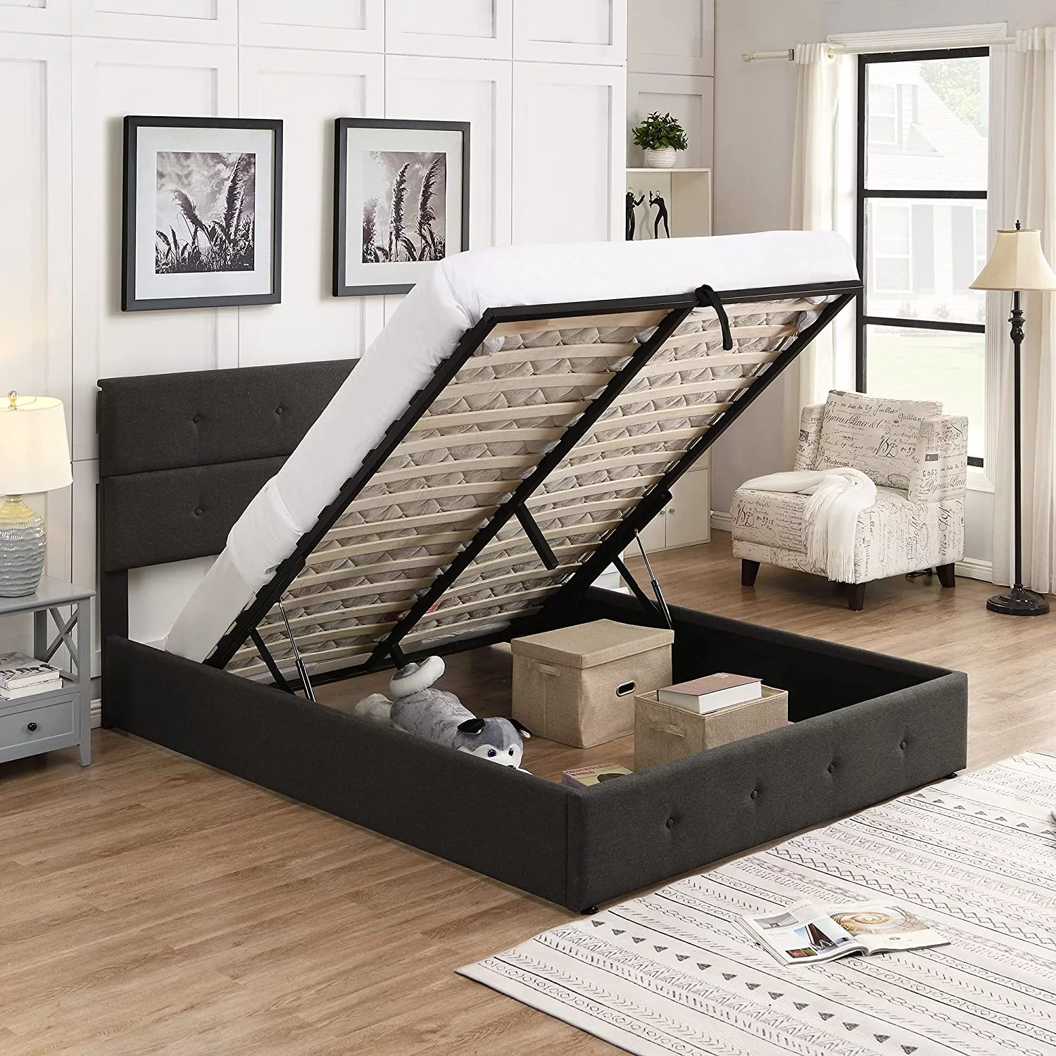 Plaform Bed Frame Wih Lifing Sorage, Gas Lif Upholsered Plaform Bed Wih Sorage Comparmen And Buon ufed Headboard, No Box Spring Needed, Queen, Gray