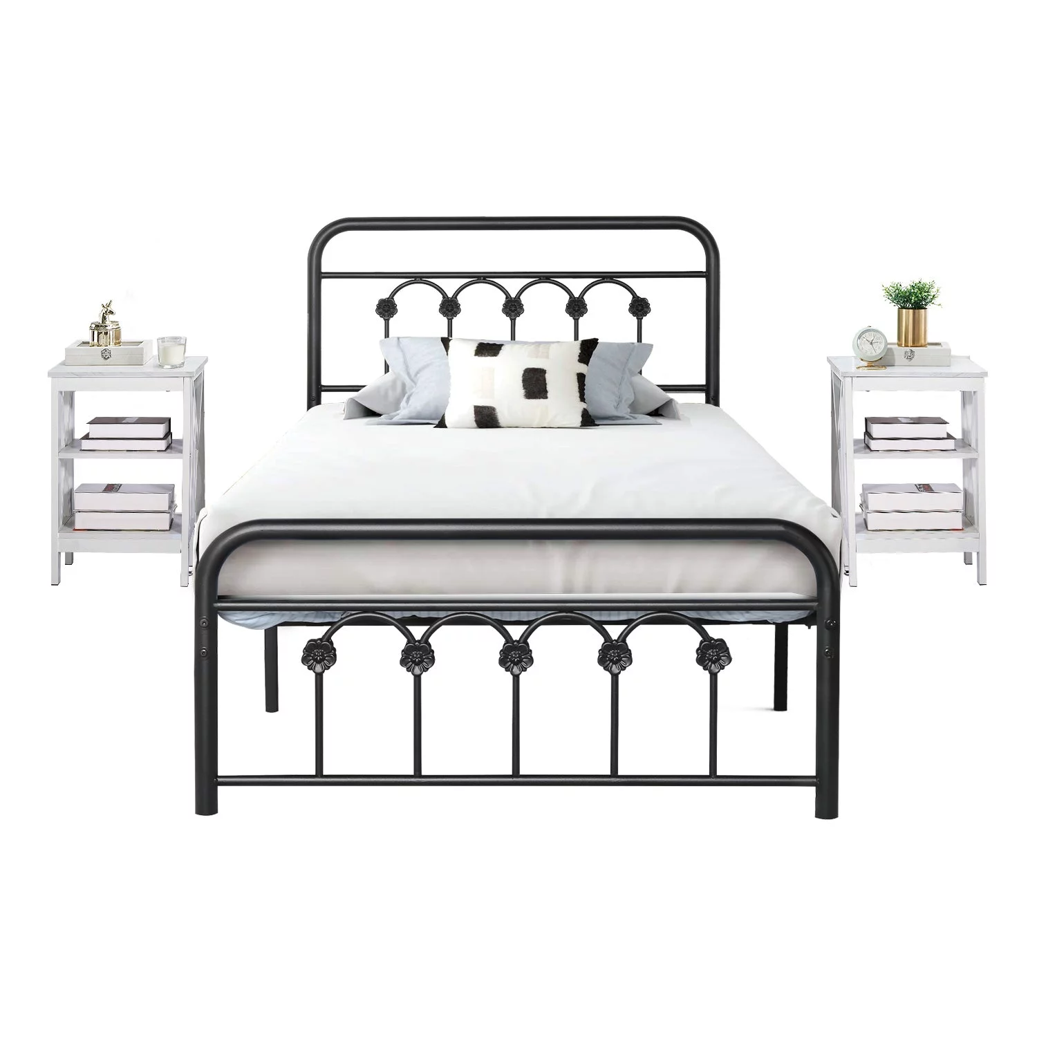 VECELO 3 Piece Bedroom Set with Twin Metal Bed Frame and 2 White Nightstands