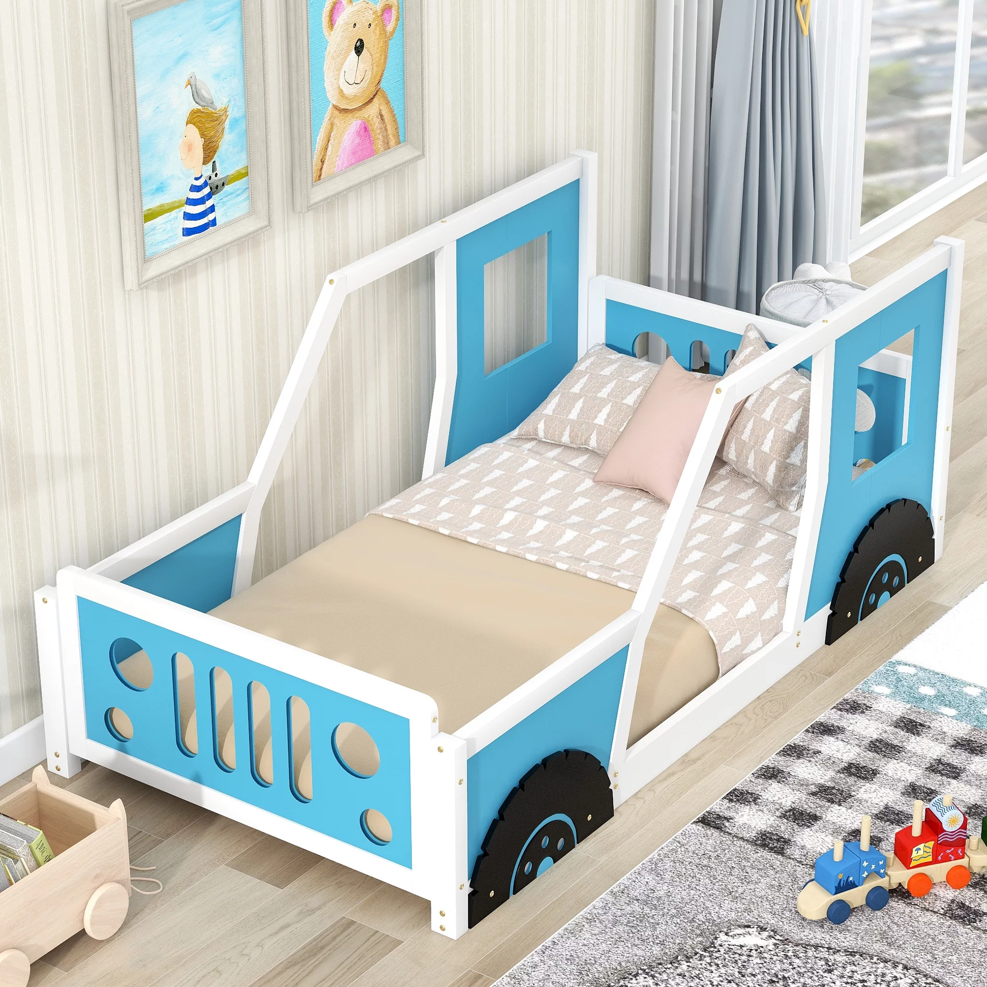 iRerts Twin Size Classic Car Bed Frame with Wheels, Wooden Kids Twin Platform Bed Frame with Support Slats, Twin Bed Frame for Kids Toddlers Boys Girls Bedroom, No Box Spring Needed, Blue