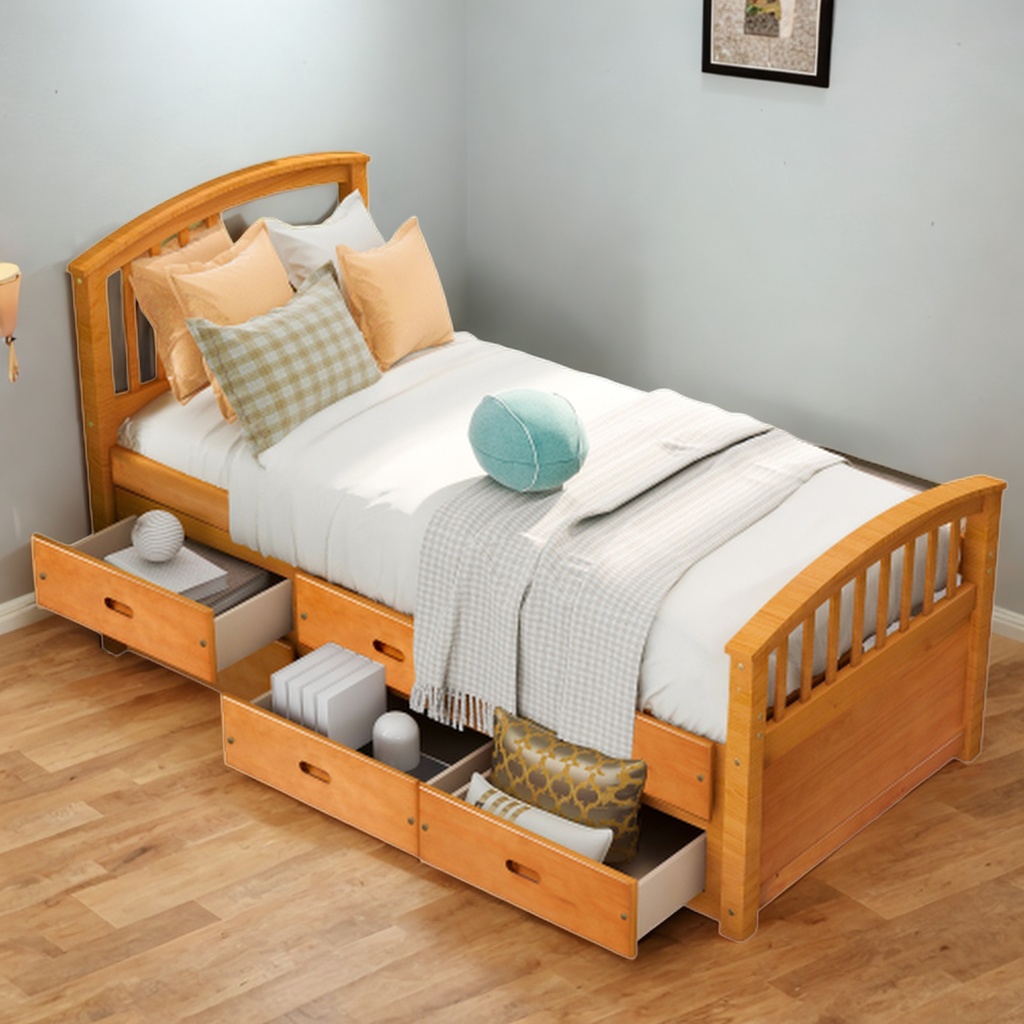 Twin Size Platform Storage Bed Solid Wood Bed with 6 Drawers Comfort Bed for Bedroom (Oak)