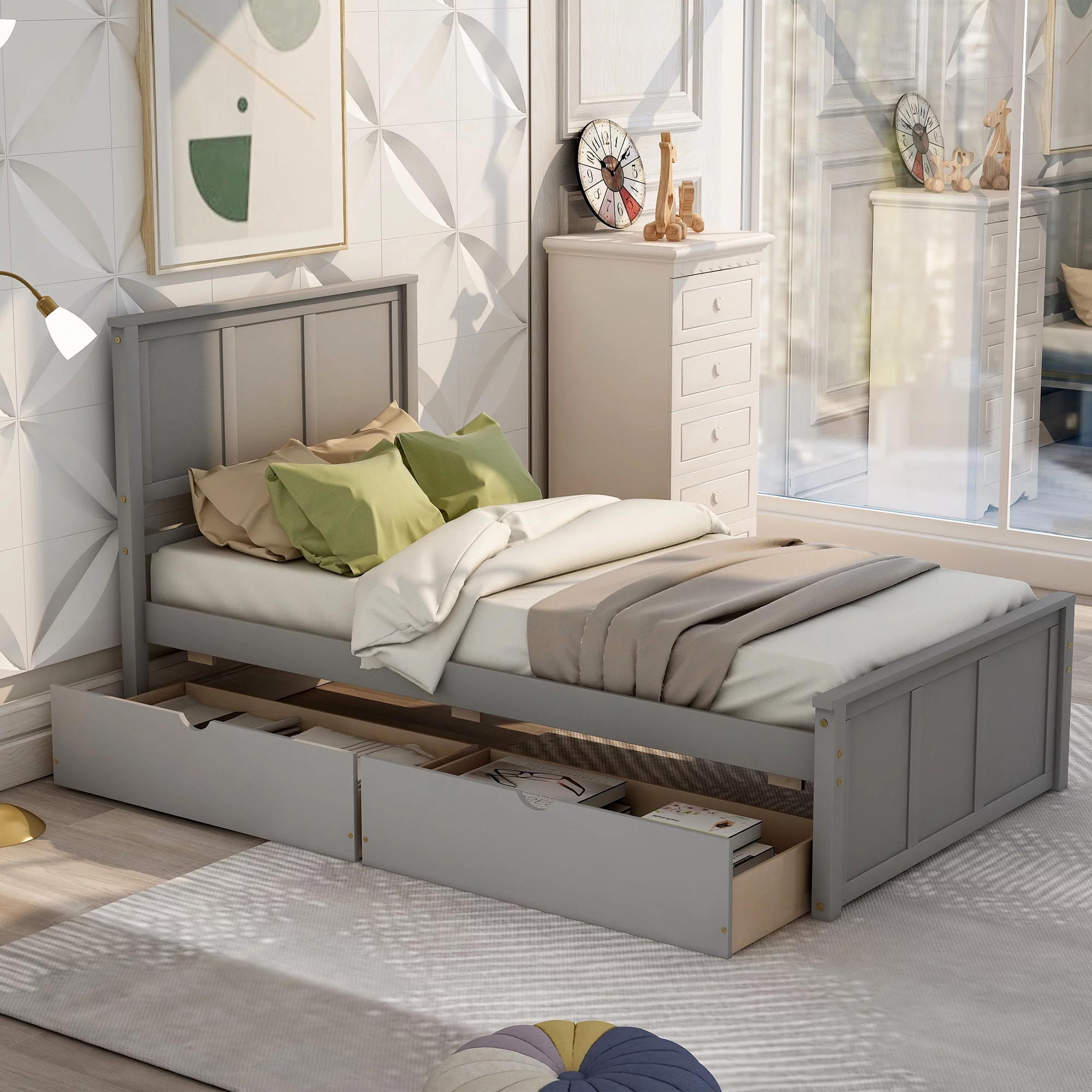Platform Bed with Storage, Twin Size Bed Frame No Box Spring Needed, Wood Platform Beds with Headboard and Two Drawers, Modern Single Bed Bedroom Furniture