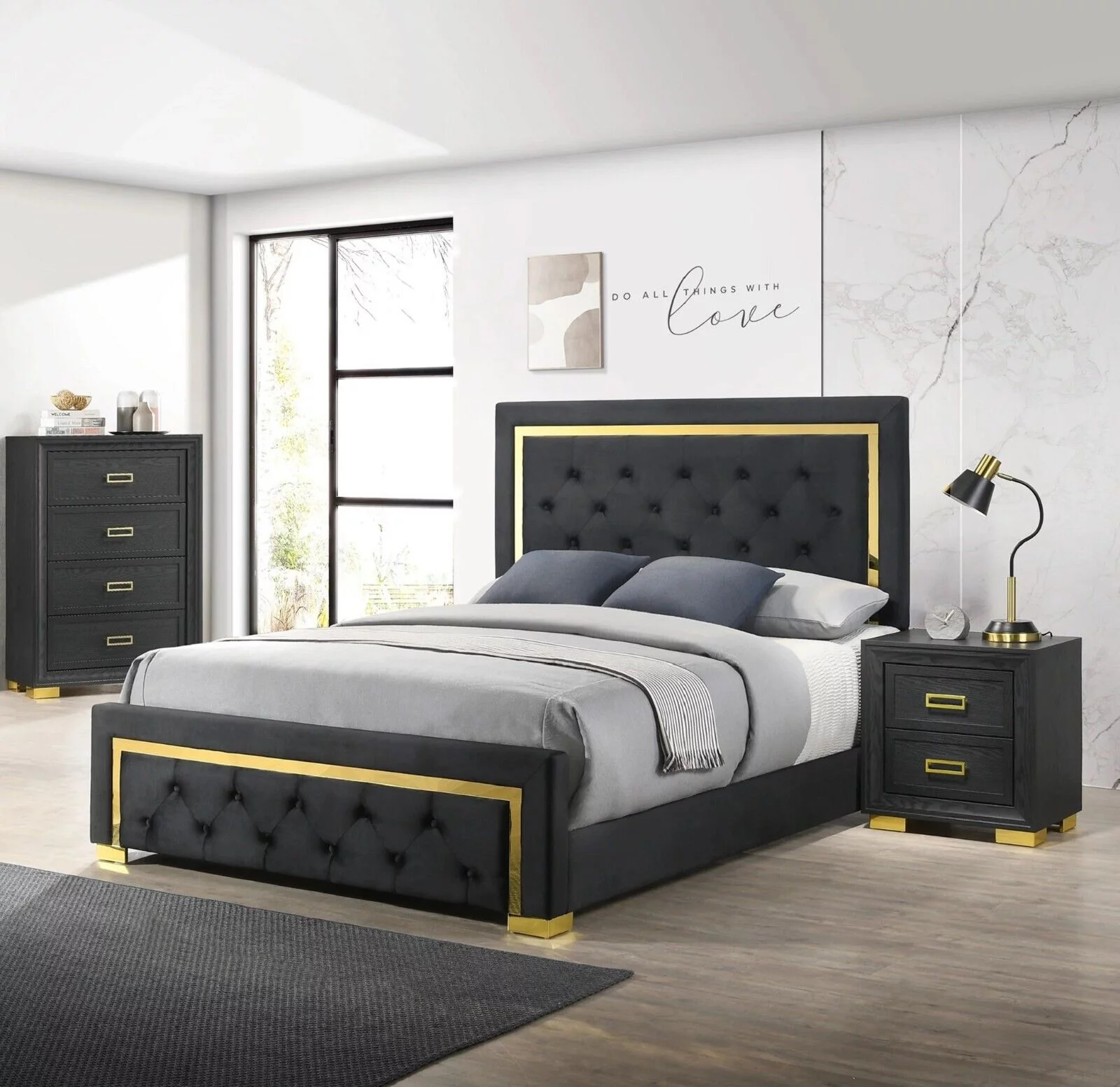 Modern Glam 3pc Bedroom Set Queen Size Panel Bed Chest Nightstand Furniture Gold Black Finish