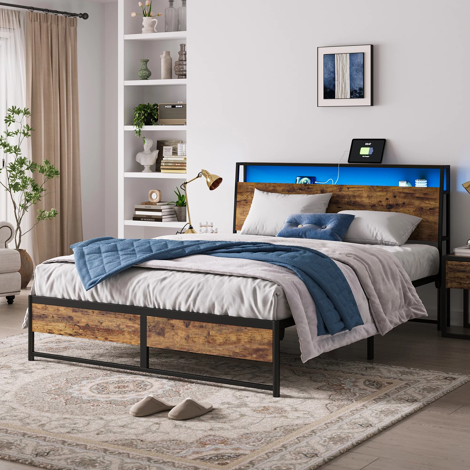 Linsy Home Queen Size Platform Bed Frame with Headboard and 3 Storage Shelves, Metal Bed with Lights, Outlets & USB, Dark Brown