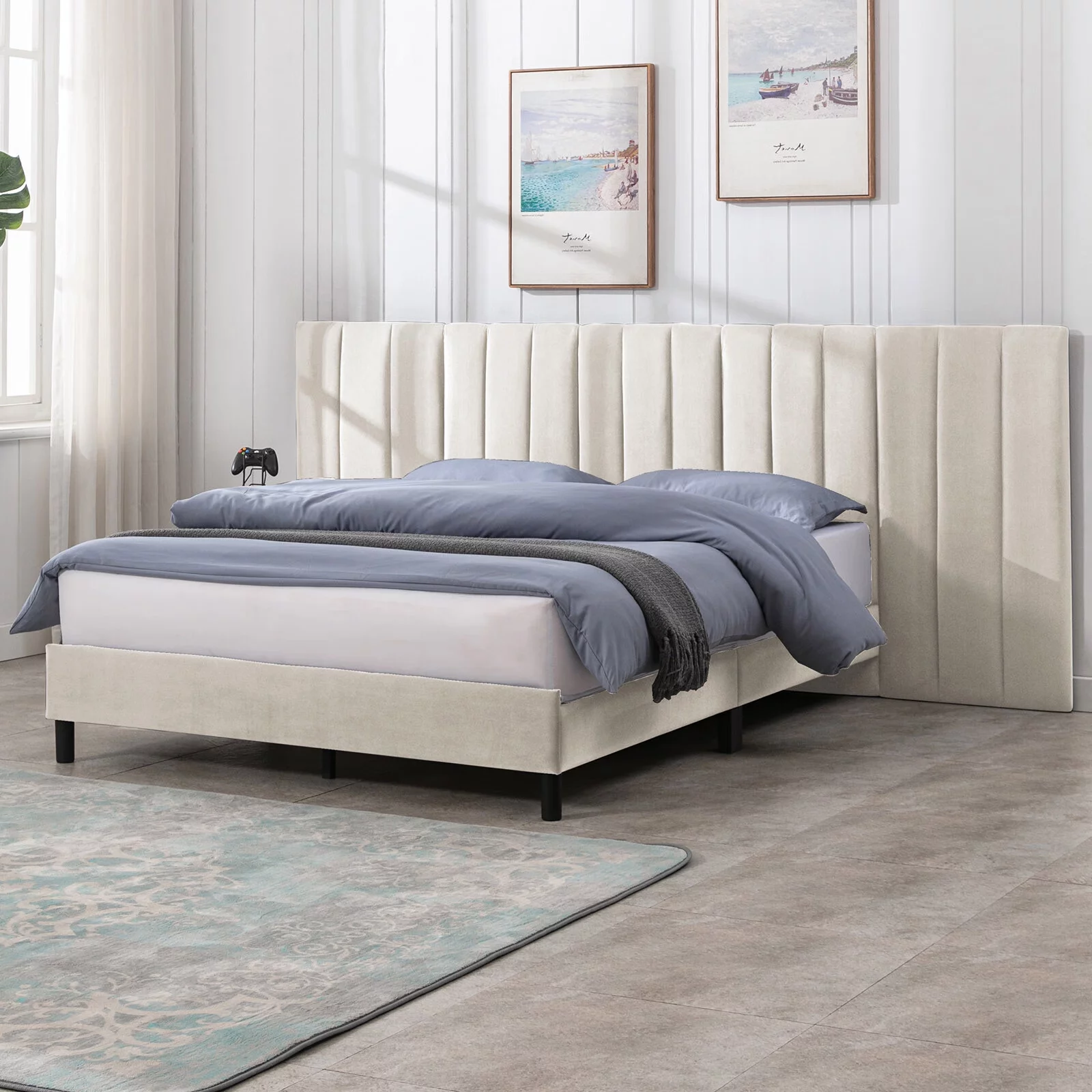 CECER Queen Size Bed Frame with Oversized Wingback Headboard, Tufted Bed Frame with Velvet Upholstered Beige