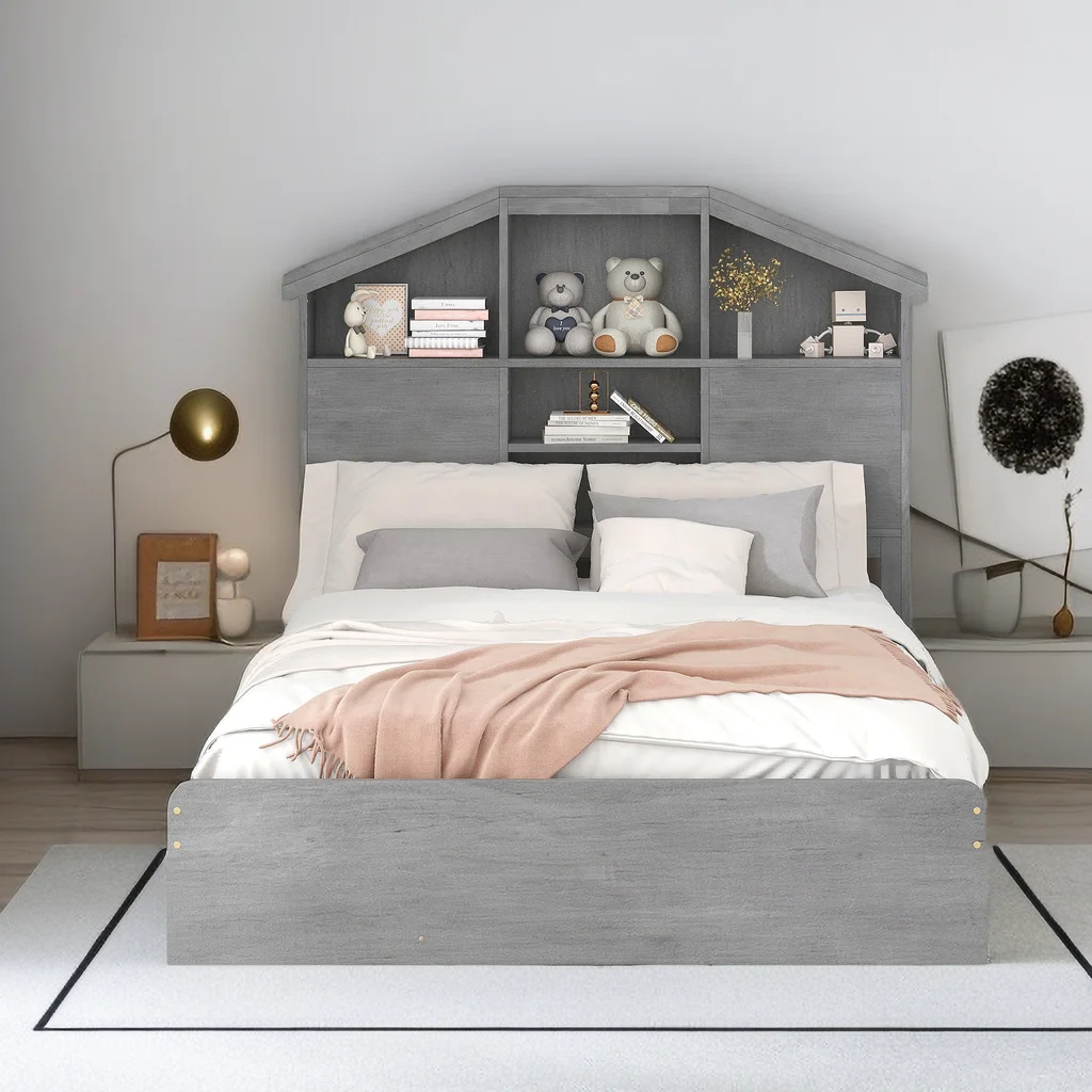Full Size Platform Bed with House-Shaped Storage Headboard and 2 Drawers, Solid Wood Bed Frame with Storage, House Shaped Storage Bed for Bedroom