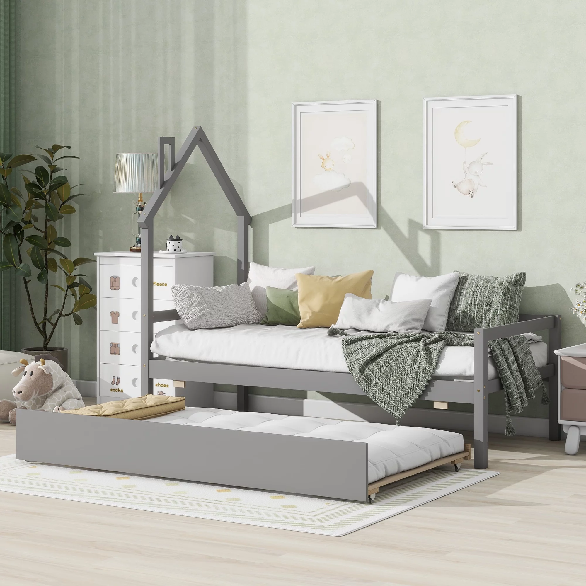 Gewnee Wooden Twin Size Platform Bed with Trundle and House-Shaped Headboard for Kid's Room,Gray