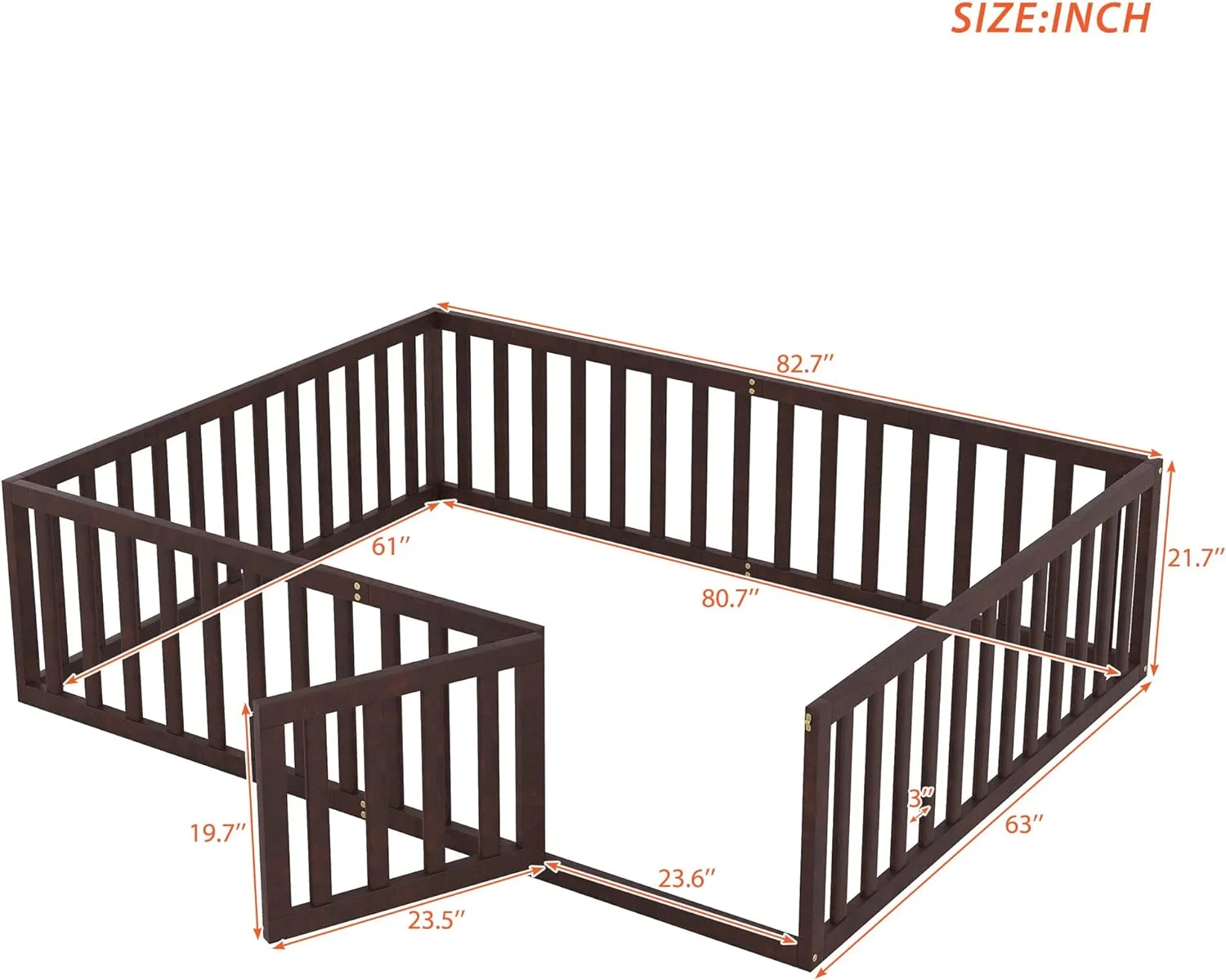 Montessori Floor Bed For Kids, Queen Size Wood Floor Bed Frame With Fence And Door, For Girls Boys Children Teens, No Bed Slats, Espresso