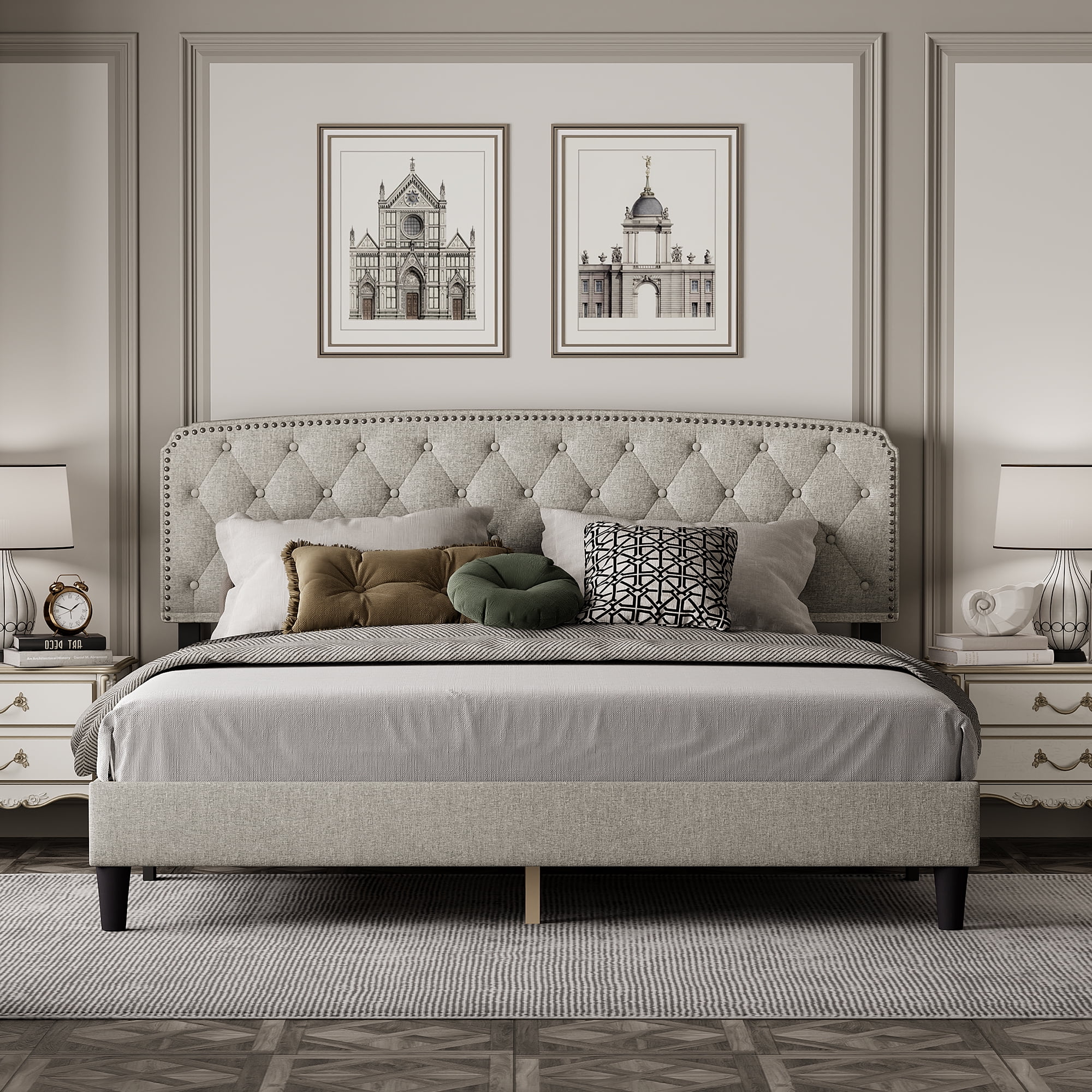 CoSoTower King Size Adjustable Headboard with Fine Linen Upholstery and Button Tufting for Bedroom, Wave Top Cream White