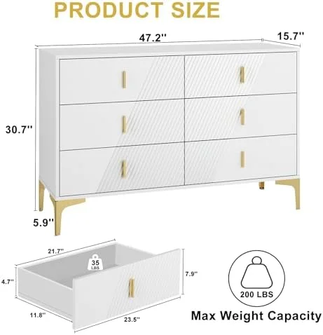 LNboomLife White 6 Drawer Dresser White Dressers & Chests of Drawers with Gold Handles and Legs Modern Dresser for Bedroom Hallway (47.2''W x 15.6''D x 30.7'