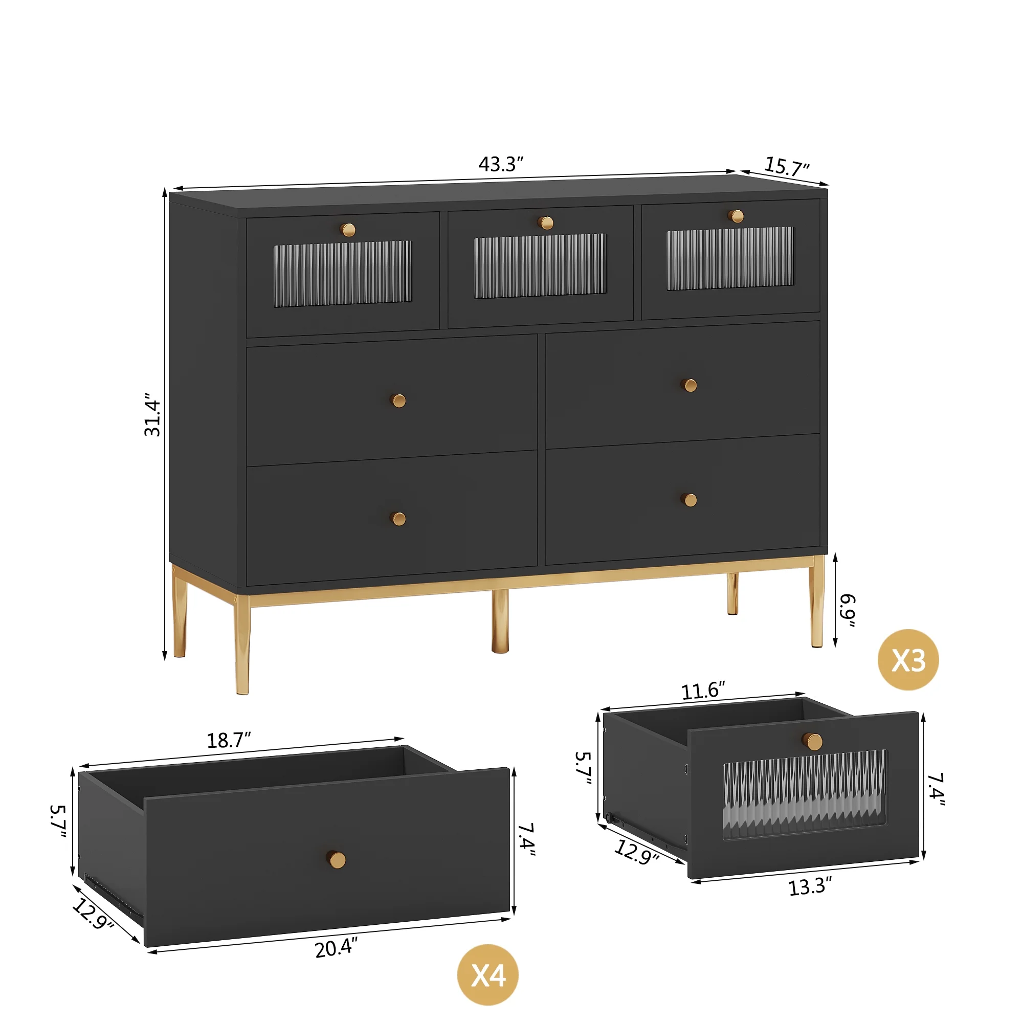 Homfa 7 Drawers Glass Dresser for Bedroom, Modern Storage Cabinet with Gold Knob and Base, Black